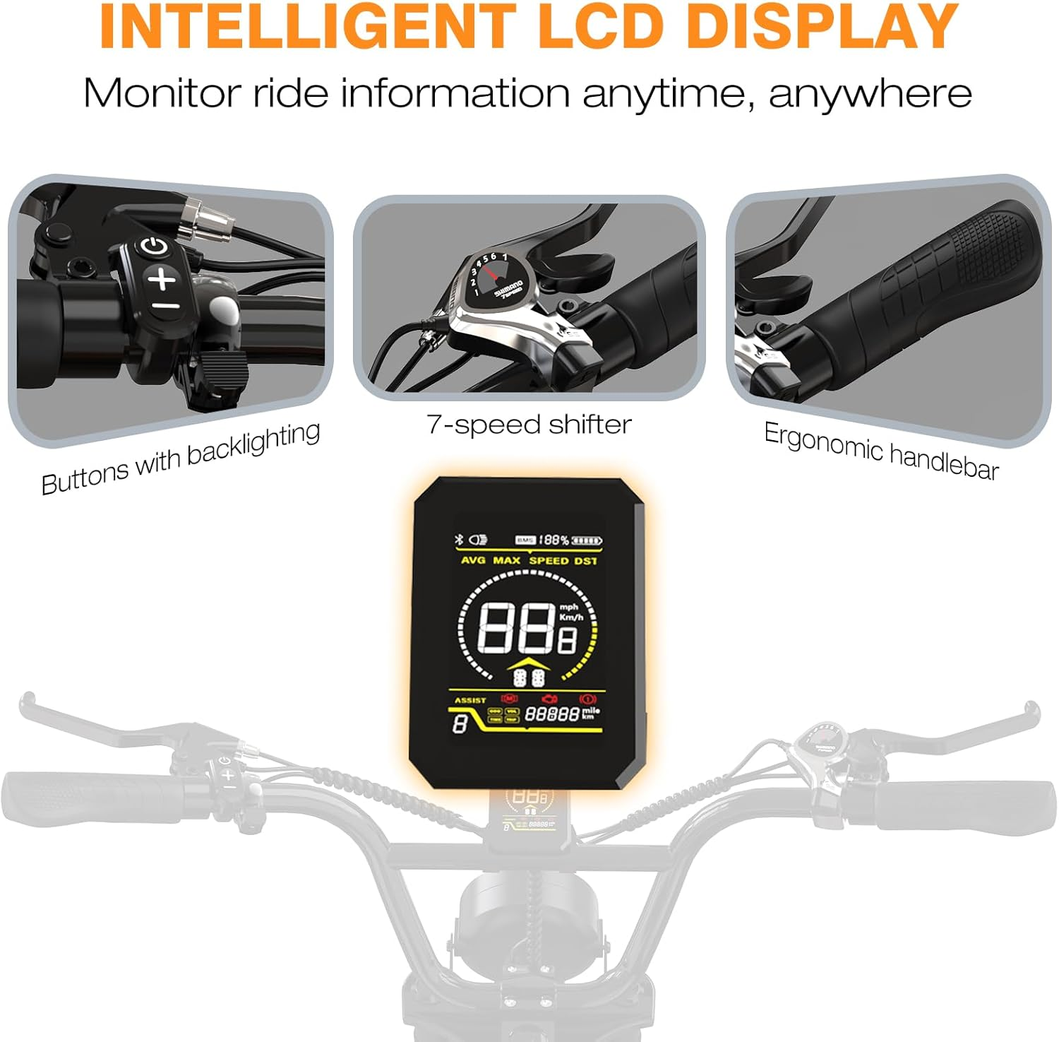 Nahaufnahme des Lenkers eines Fahrrads mit LCD-Anzeige, Knöpfen und Gangschaltung, schwarzer Hintergrund.