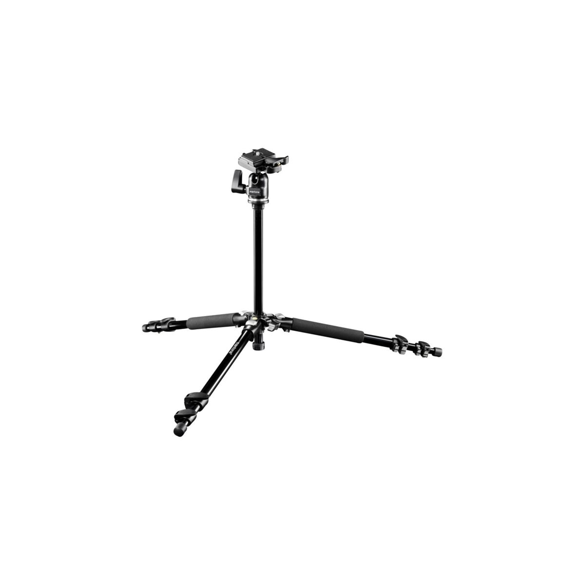Czarny statyw z trzema nogami, kolumną środkową i głowicą do aparatu.