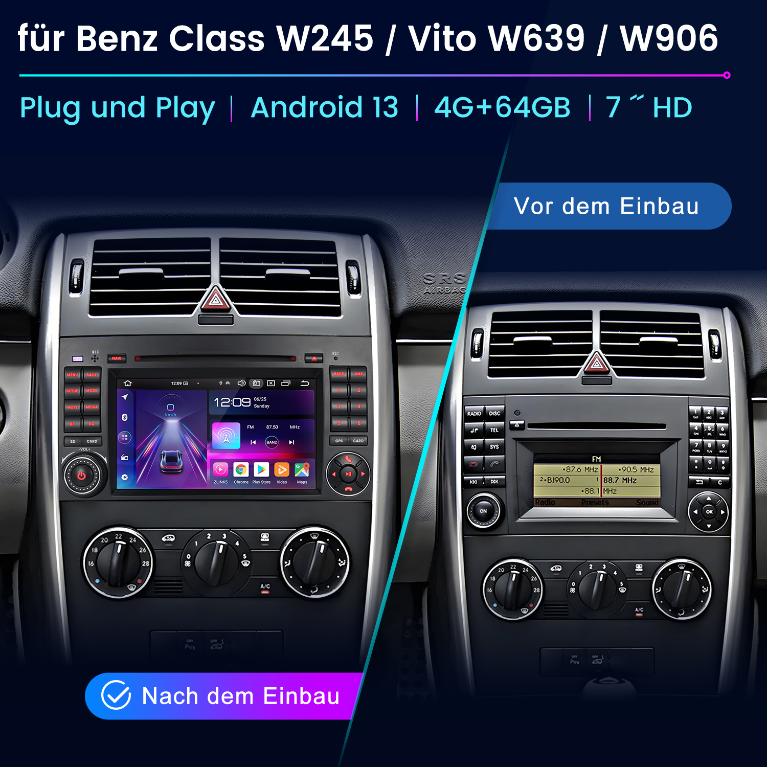 Auto-Infotainment-System, vor und nach der Installation. Bildschirm zeigt Fahrzeugdaten und Navigation.