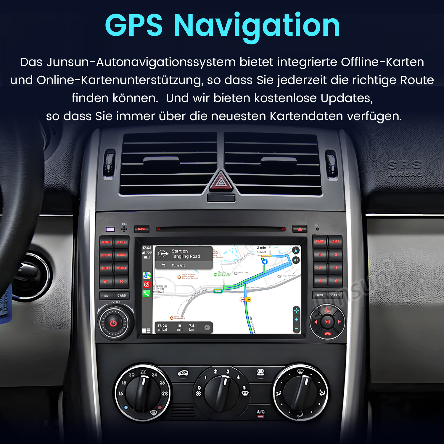 Auto-Navigationssystem-Oberfläche mit Karte, Text auf Deutsch. Knöpfe und Lenkrad sichtbar.