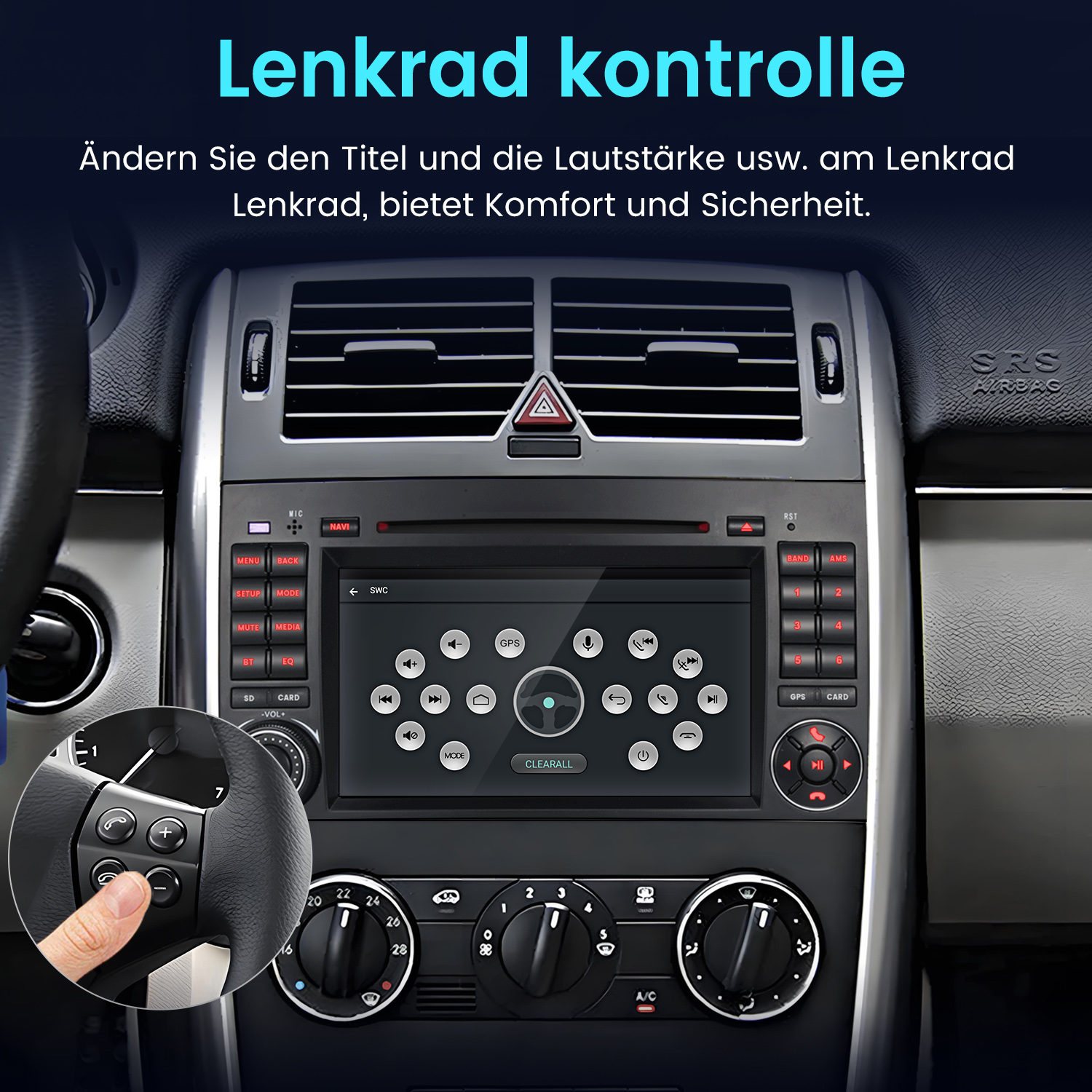Armaturenbrett mit Bildschirm, der das Navigationssystem zeigt, und eine Hand am Lenkrad.
