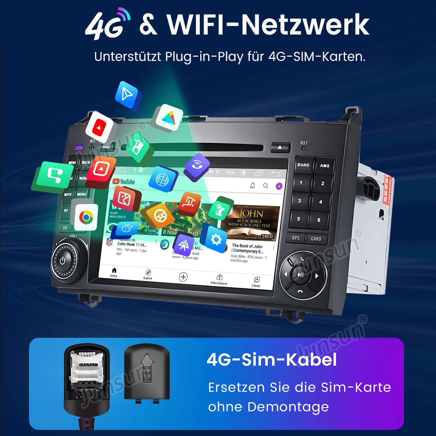 Auto-Multimedia-System, das ein Menü anzeigt. SIM-Karteninformationen werden ebenfalls angezeigt.