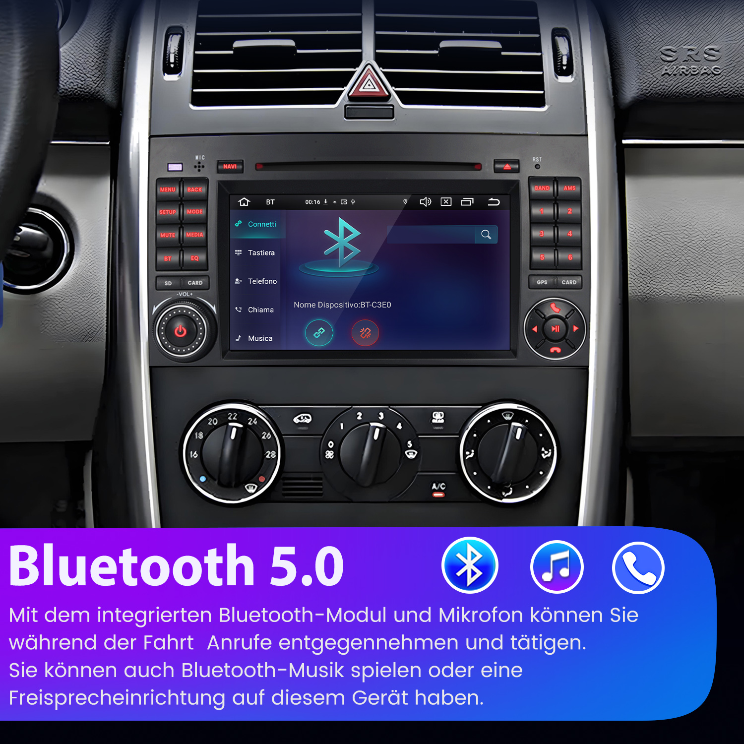 Armaturenbrett eines Autos mit einem Bildschirm, der eine Karte und Bluetooth 5.0 anzeigt.