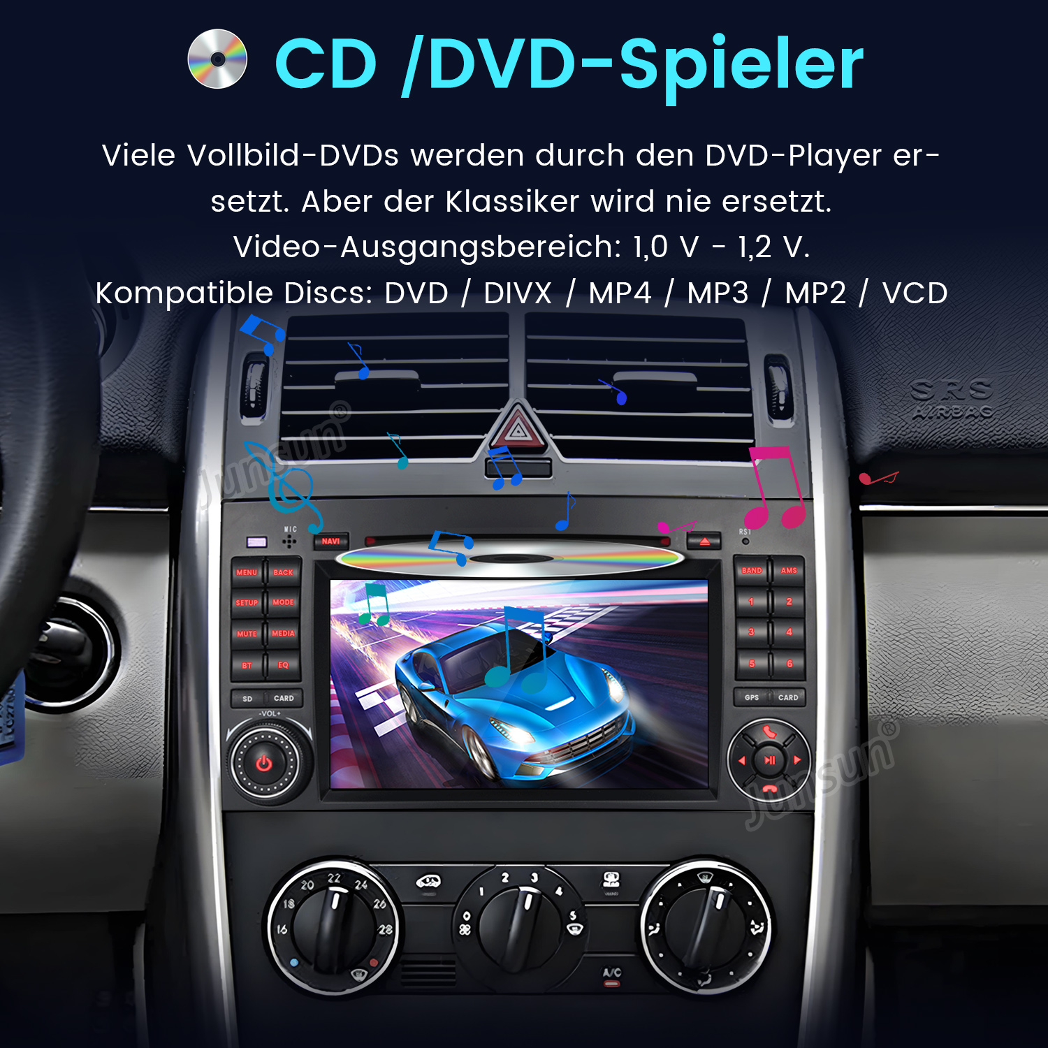 Autoradio mit Bildschirm, der ein blaues Auto zeigt. Das Panel hat Tasten für Audio und Navigation.