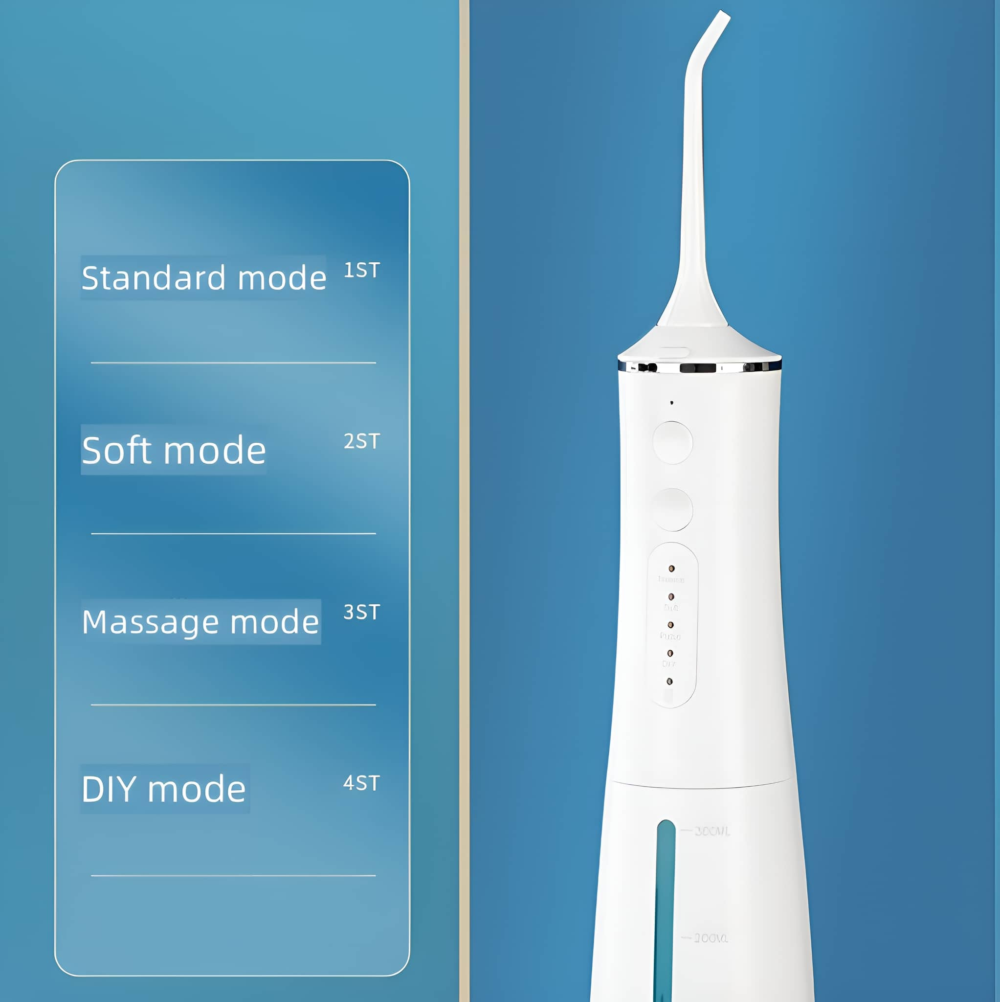 Weißer Wasserflosser mit vier Modi: Standard, Soft, Massage und DIY. Blauer Hintergrund.