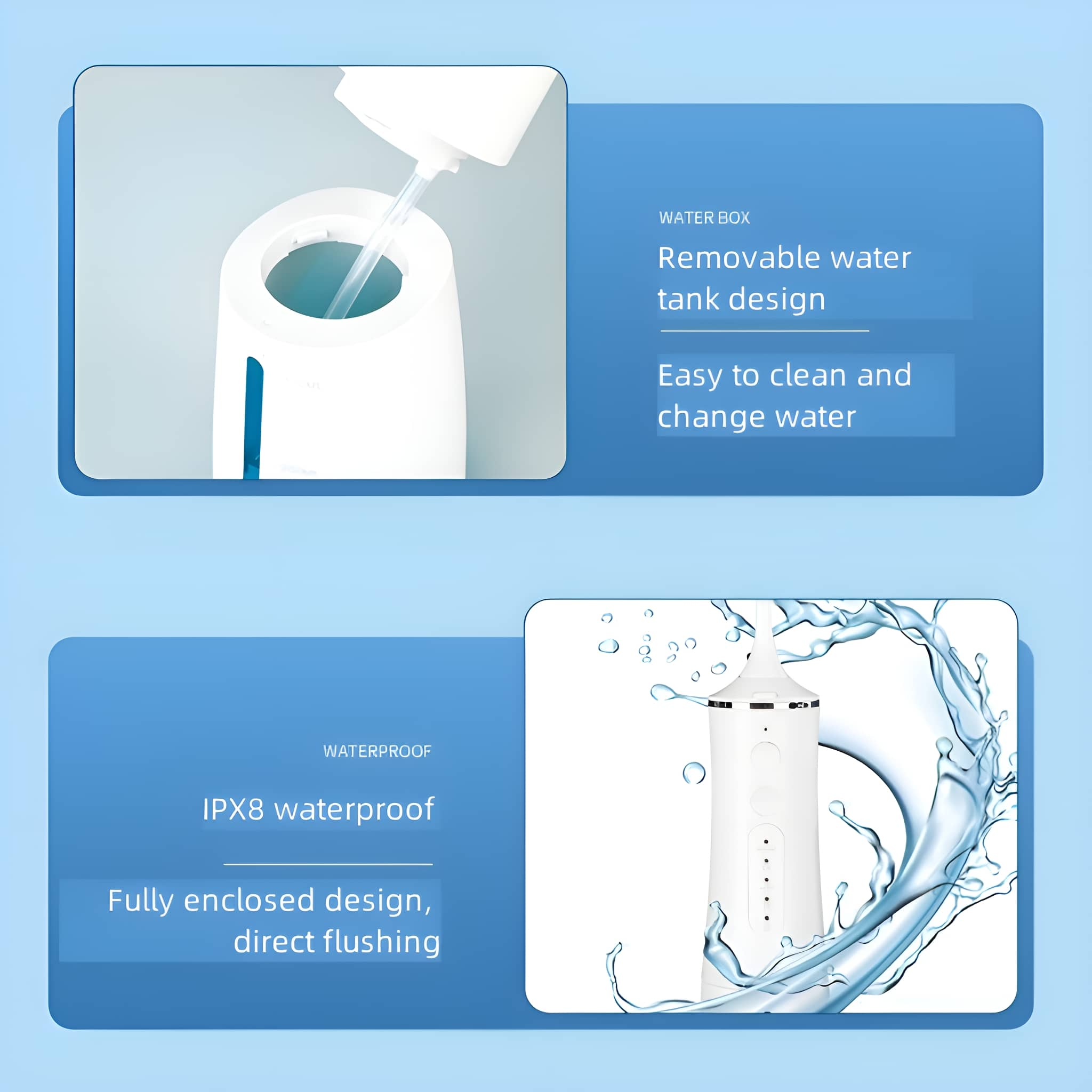 Zwei Bilder. Oben: Wassertank-Design. Unten: ein weißer Wasser-Flosser mit Wasserspritzer, vollständig geschlossenes Design.