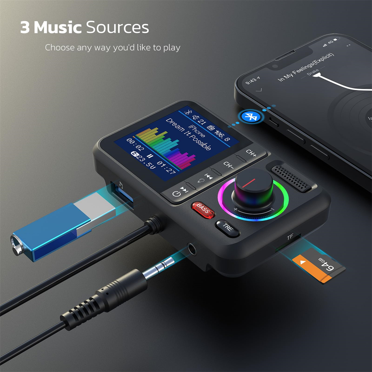 Musikplayer mit mehreren Eingangsoptionen, Bluetooth und SD-Karte, mit Smartphone.
