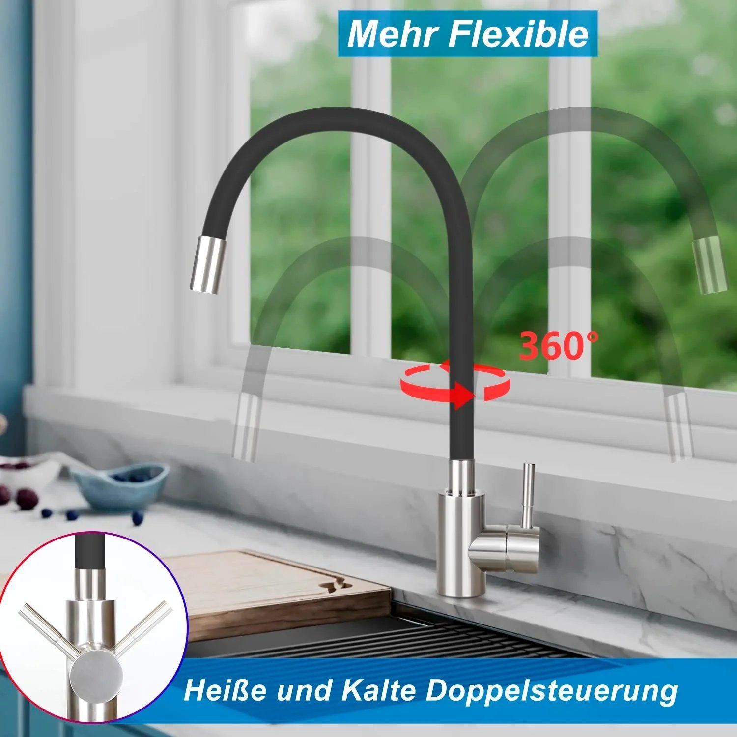 Küchenarmatur mit flexiblem Hals und Doppelsteuerung. Verfügt über 360-Grad-Drehung.