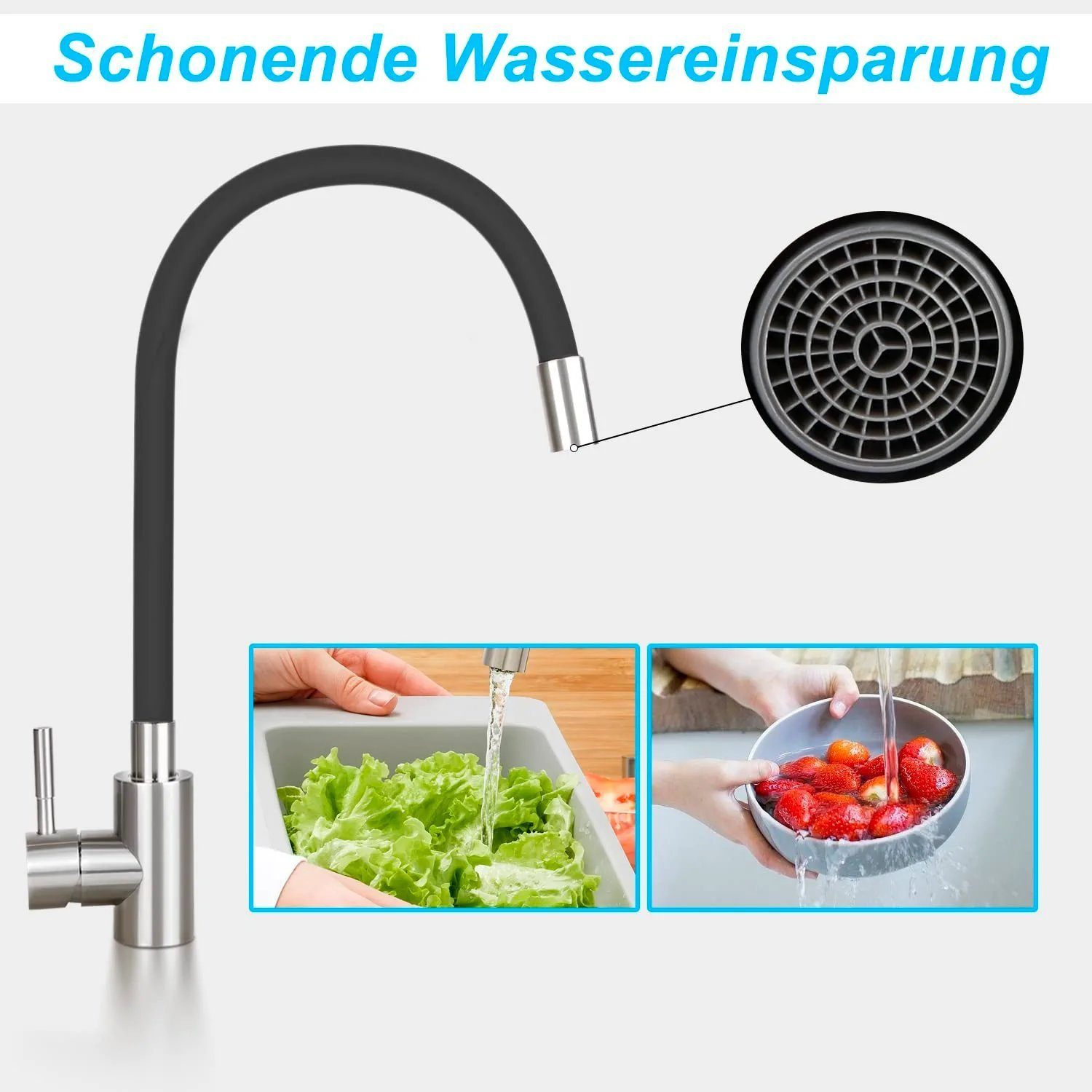 Wasserhahn mit flexiblem Auslauf, Text: 'Schonende Wassereinsparung', Bilder.