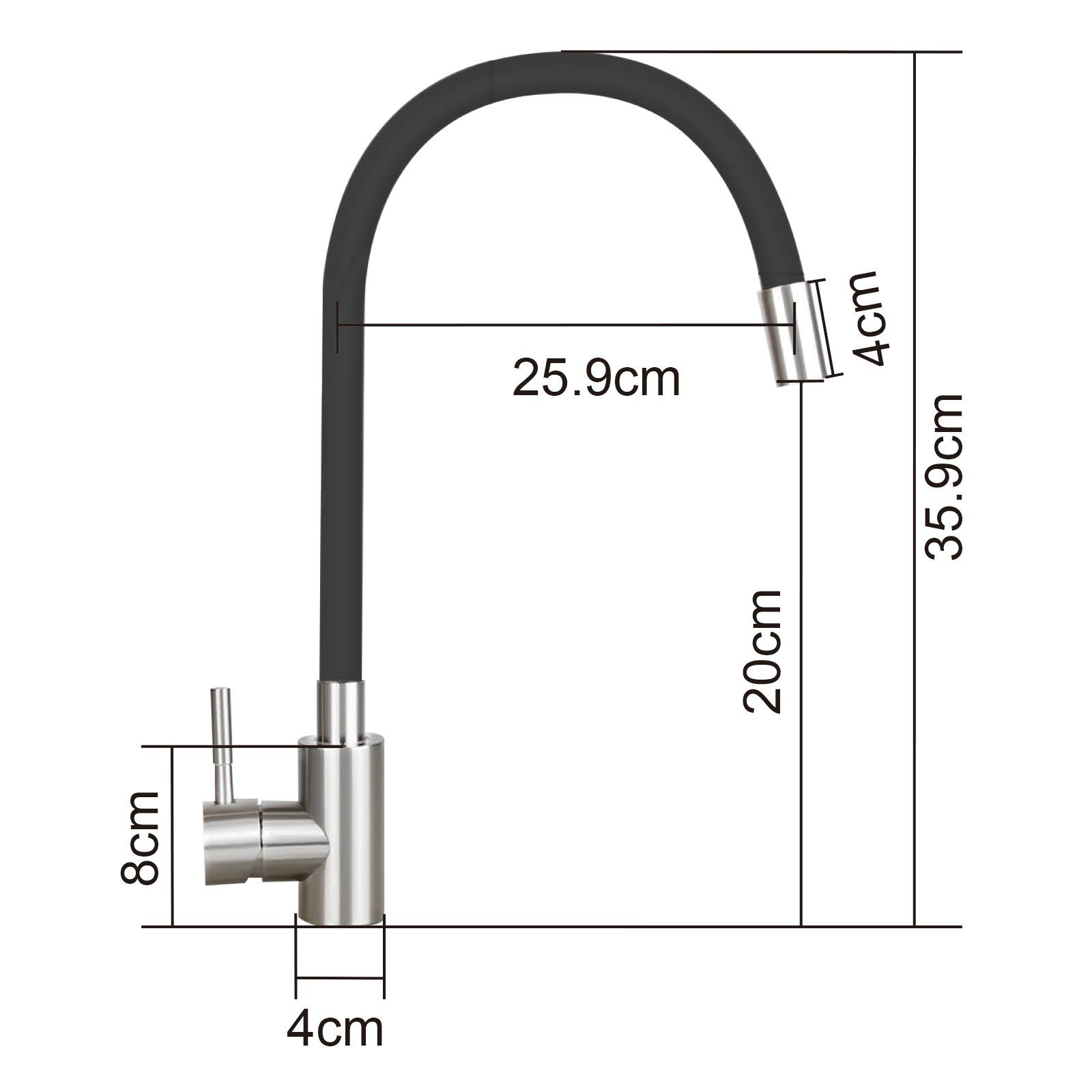 Chromowana bateria z czarną, elastyczną wylewką. Widoczne wymiary.
