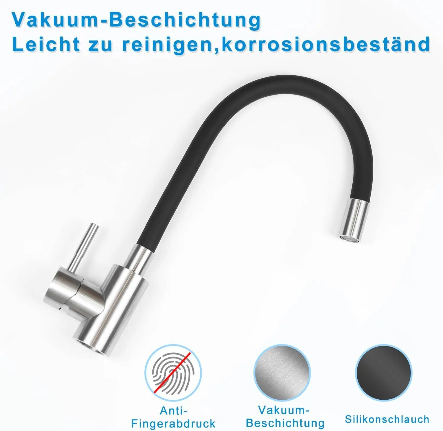 Silberne Küchenarmatur mit schwarzem, flexiblem Schlauch und drei Symbolen unten.