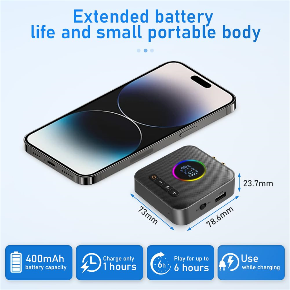 Smartphone und kleines schwarzes Gerät. Abmessungen und Batterieinfo werden angezeigt.