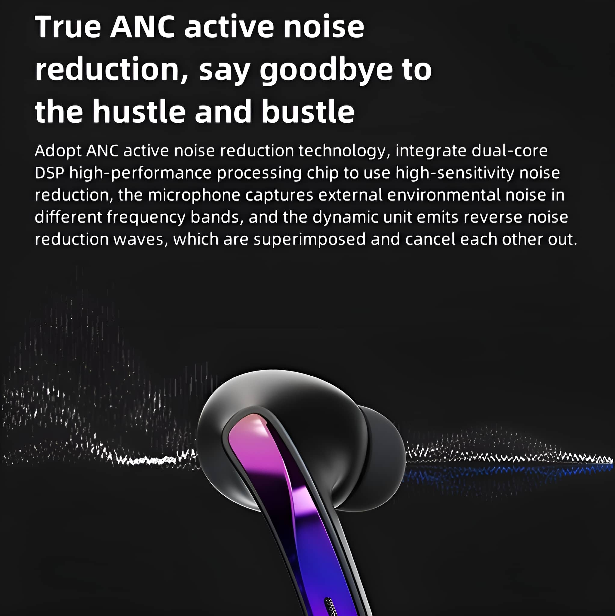 Schwarze und violette Ohrhörer mit Textüberlagerung: 'True ANC active noise reduction, say goodbye...'