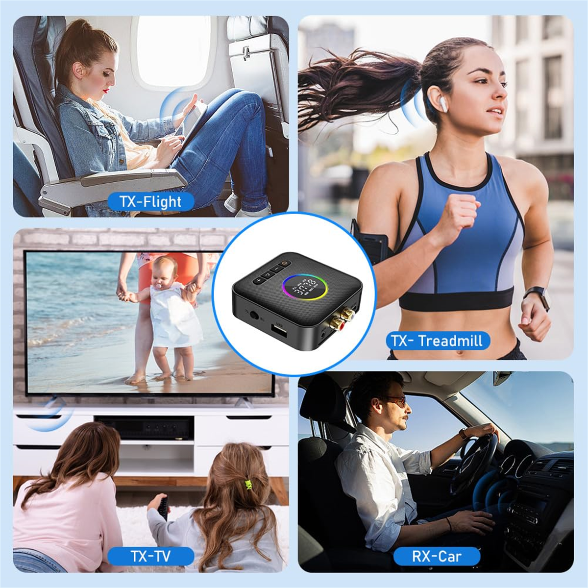 Bild zeigt Bluetooth-Gerät in verschiedenen Einstellungen: Flug, Laufband, Fernseher und Auto.