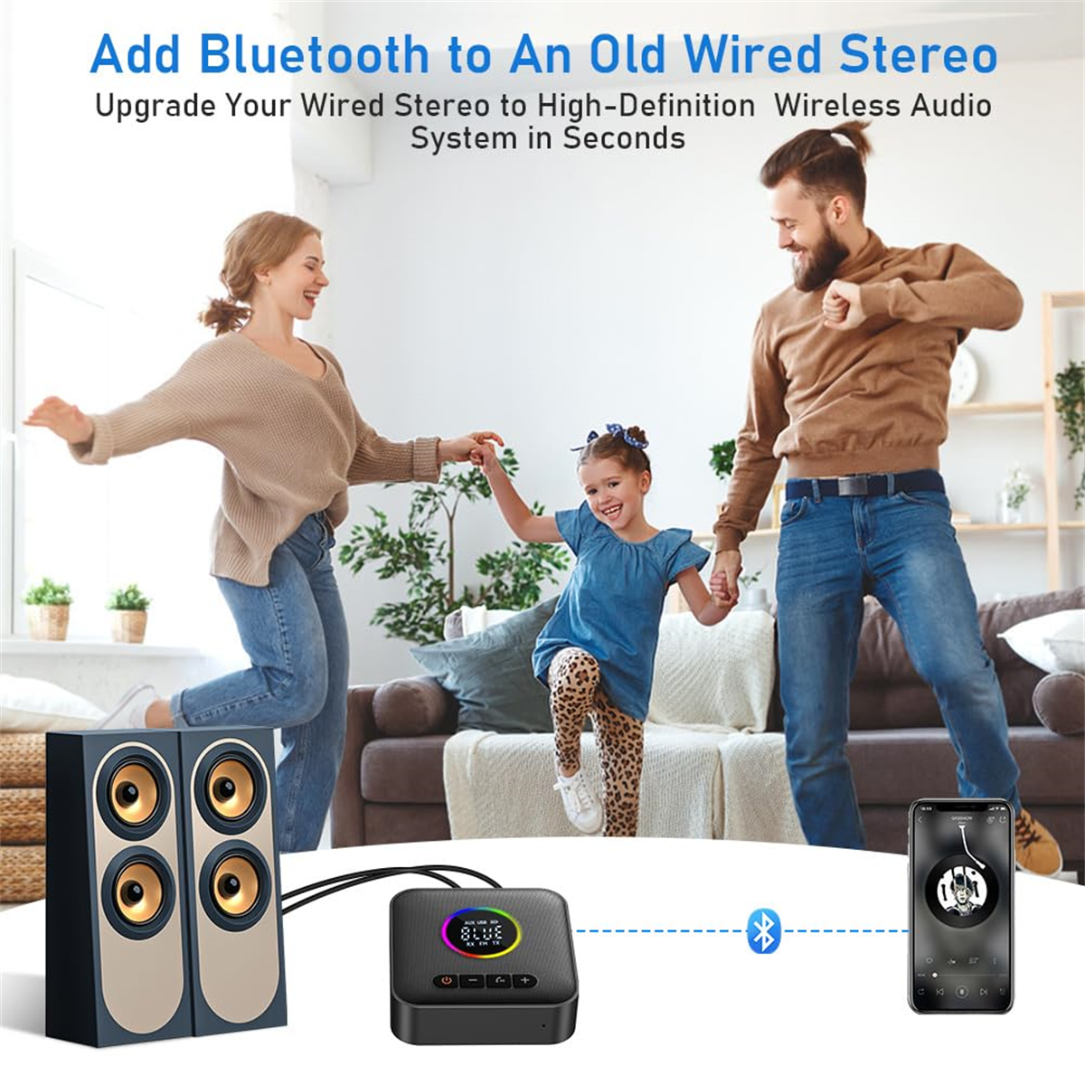 Eine Familie tanzt in einem Wohnzimmer. Ein Bluetooth-Gerät und ein Telefon liegen auf dem Boden. Lautsprecher links.