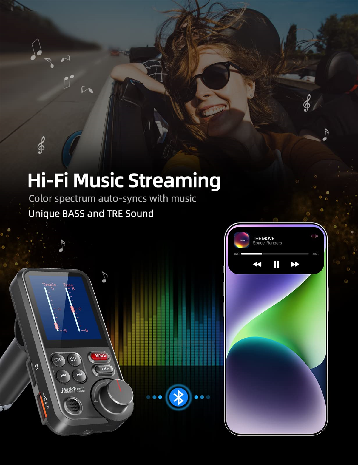 Eine Frau mit Sonnenbrille in einem Auto mit einer Musik-Streaming-Oberfläche auf einem Telefon.