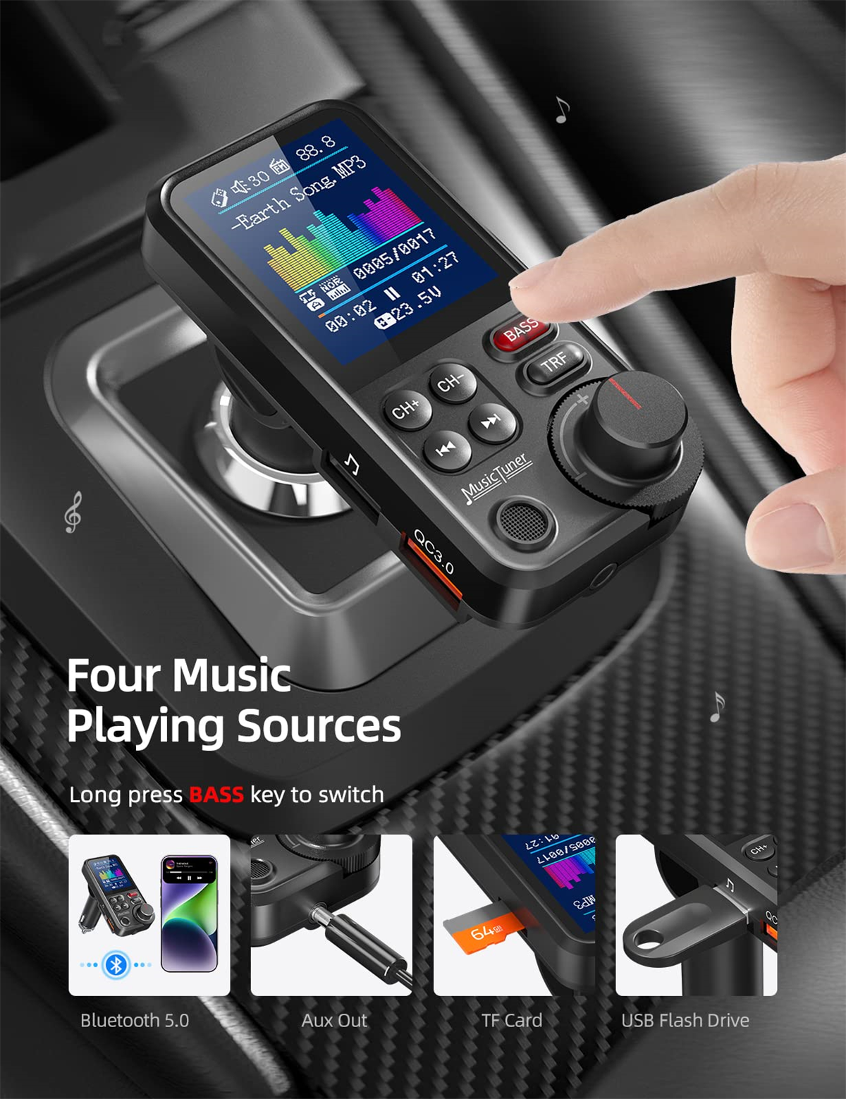 Ein Auto-Musik-Player mit Digitalanzeige und Tasten, und ein Finger, der eine Taste berührt.