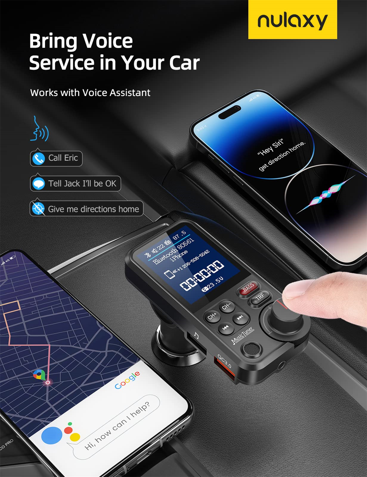 Ein Autogerät mit Display und zwei Telefonen. Die Telefone zeigen Karte und Sprachassistenten.