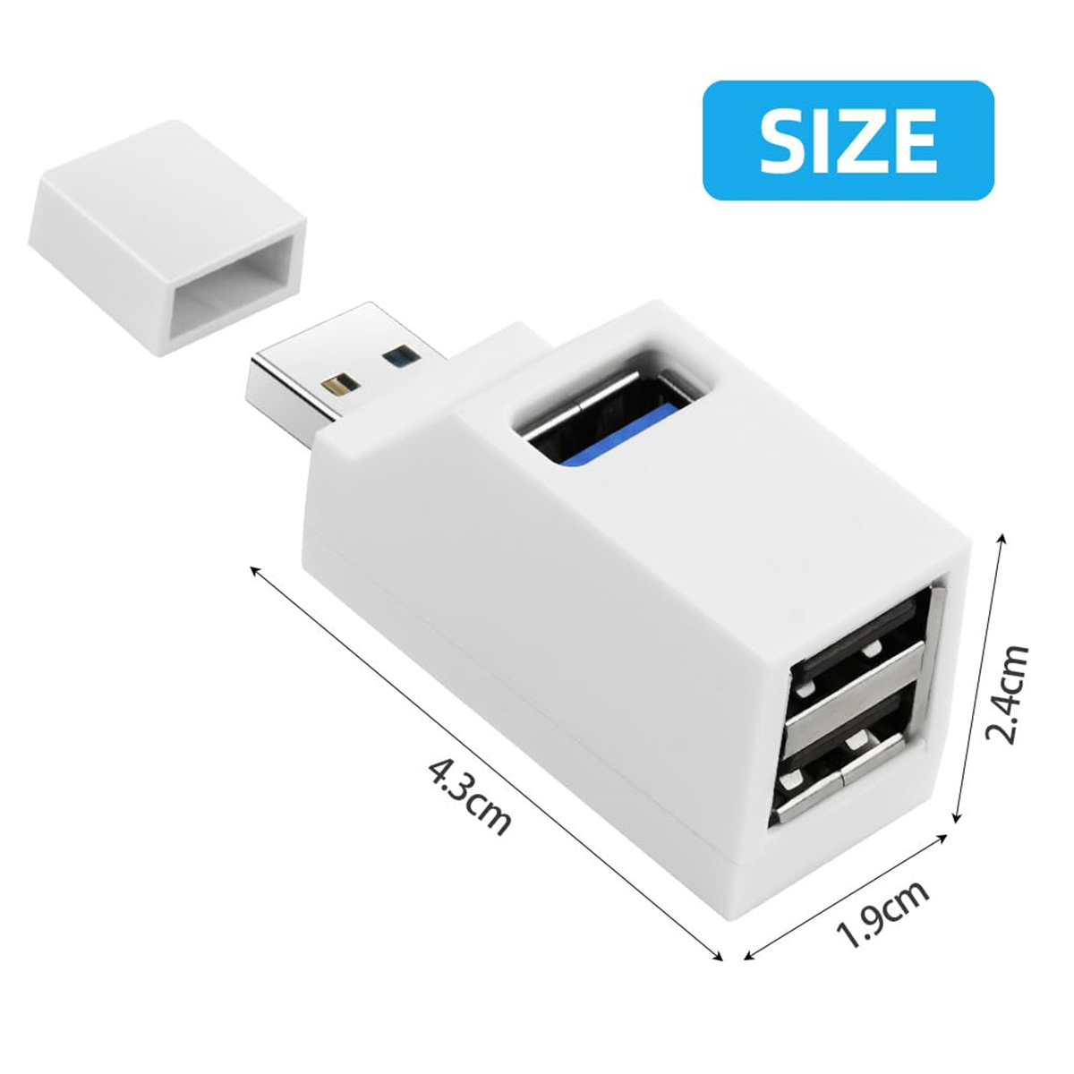 Ein weißer USB-Adapter mit zwei USB-Anschlüssen und Abmessungen in Zentimetern.