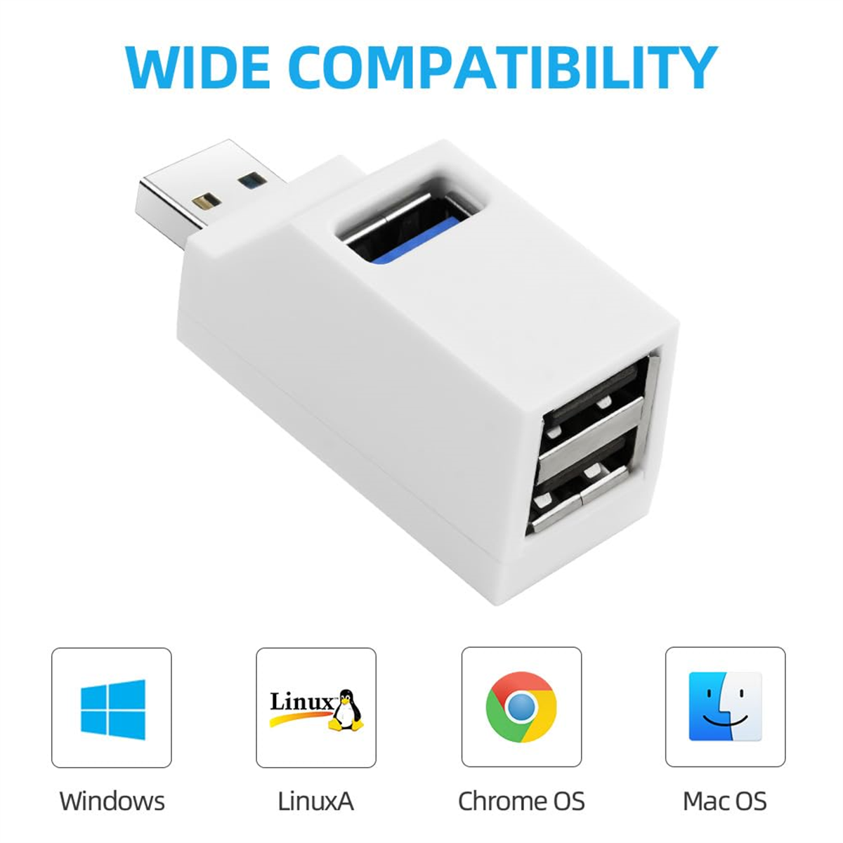 Weißer USB-Adapter mit USB und vier Betriebssystem-Symbolen: Windows, Linux, Chrome OS, Mac OS.