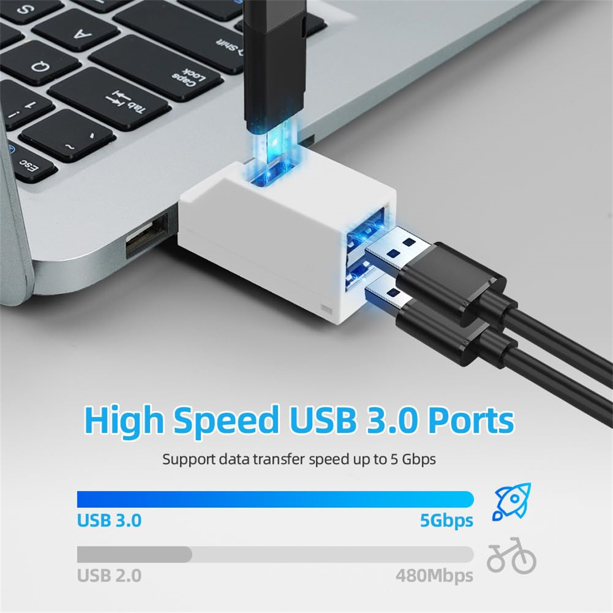 Ein Laptop mit angeschlossenem USB-Hub. Mehrere USB-Kabel sind an den Hub angeschlossen.