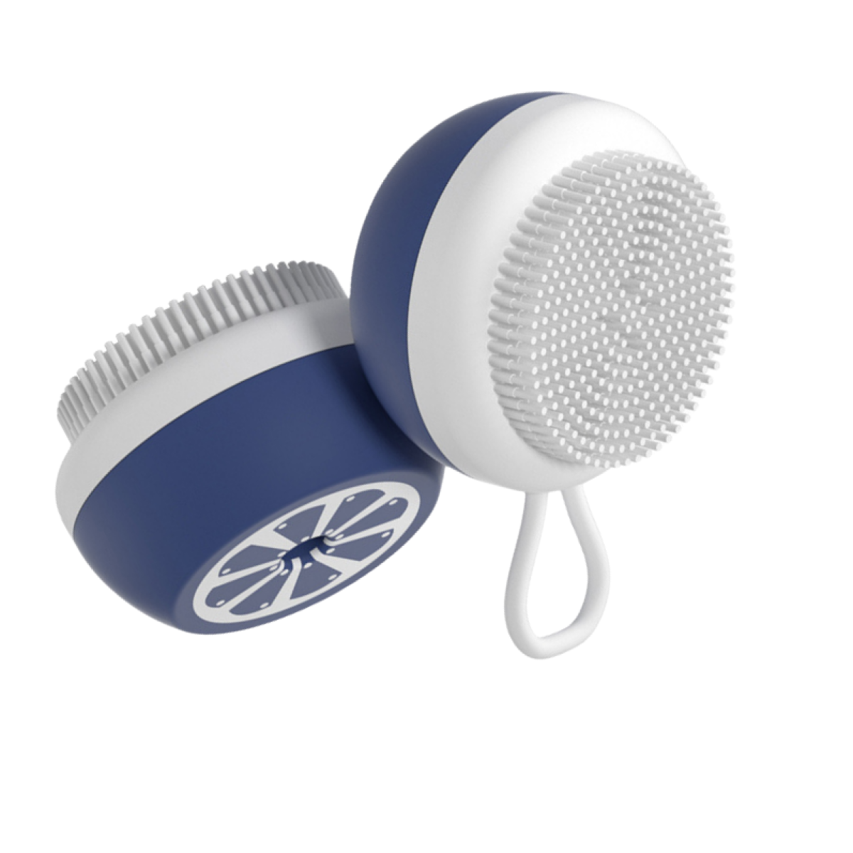 Zwei blau-weiße Gesichtsreinigungsbürsten. Eine aufrecht, eine abgewinkelt, mit Zitronenscheiben-Design.