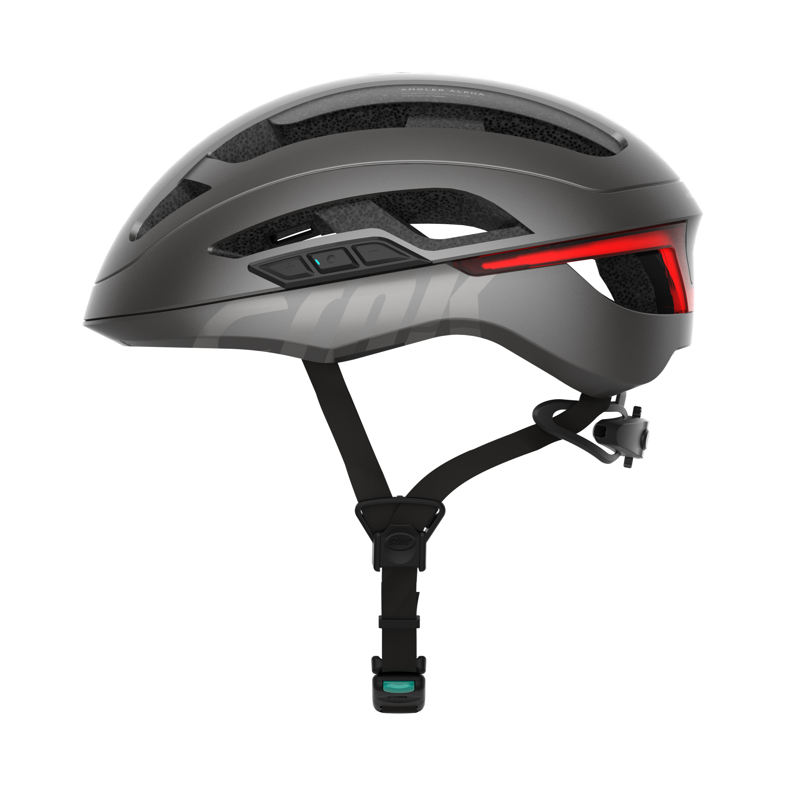 Grauer Fahrradhelm mit schwarzen Riemen. Er hat ein rotes Licht hinten und schwarze Knöpfe.