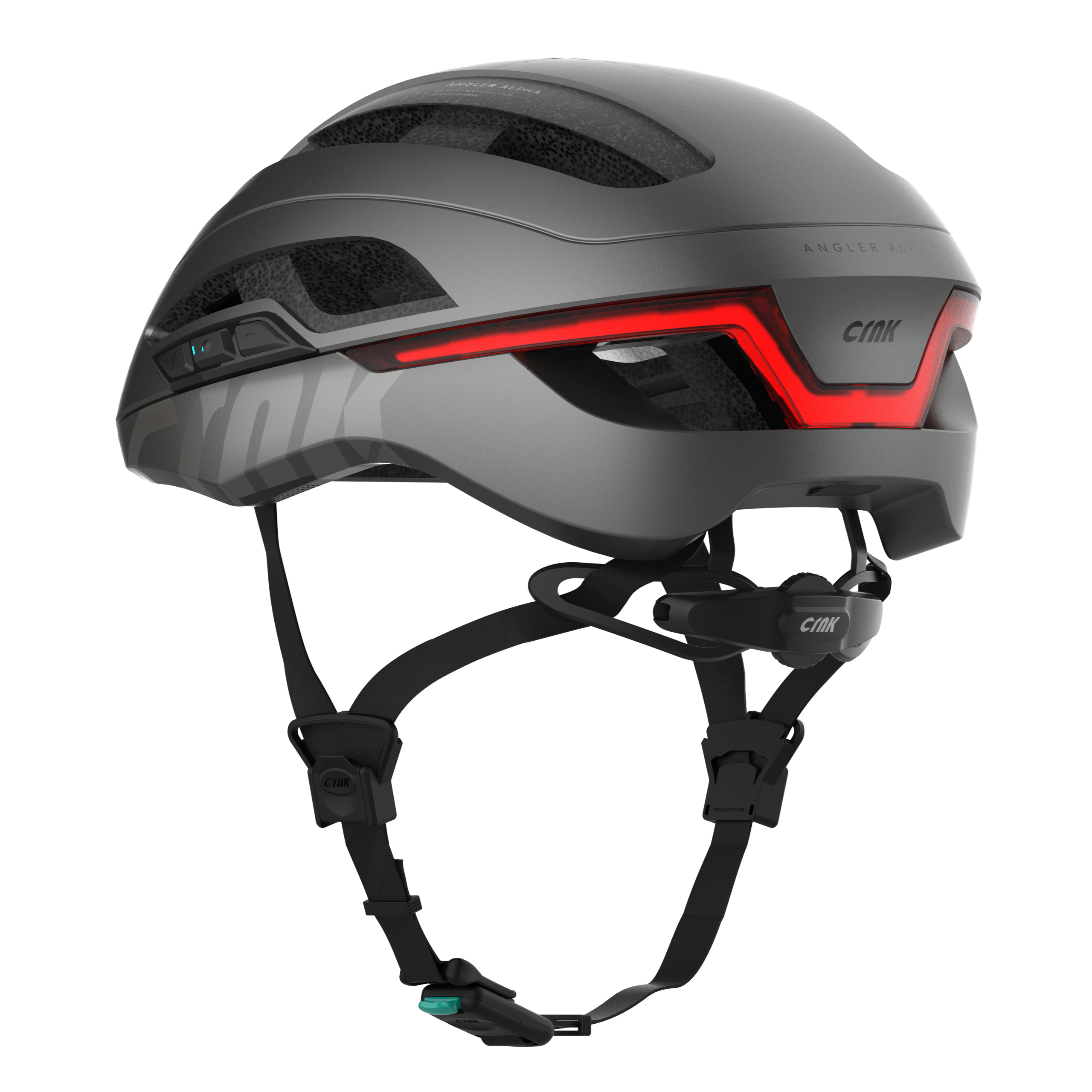 Grauer Fahrradhelm mit rotem Rücklicht und schwarzen Riemen. Angler Alpha steht drauf.