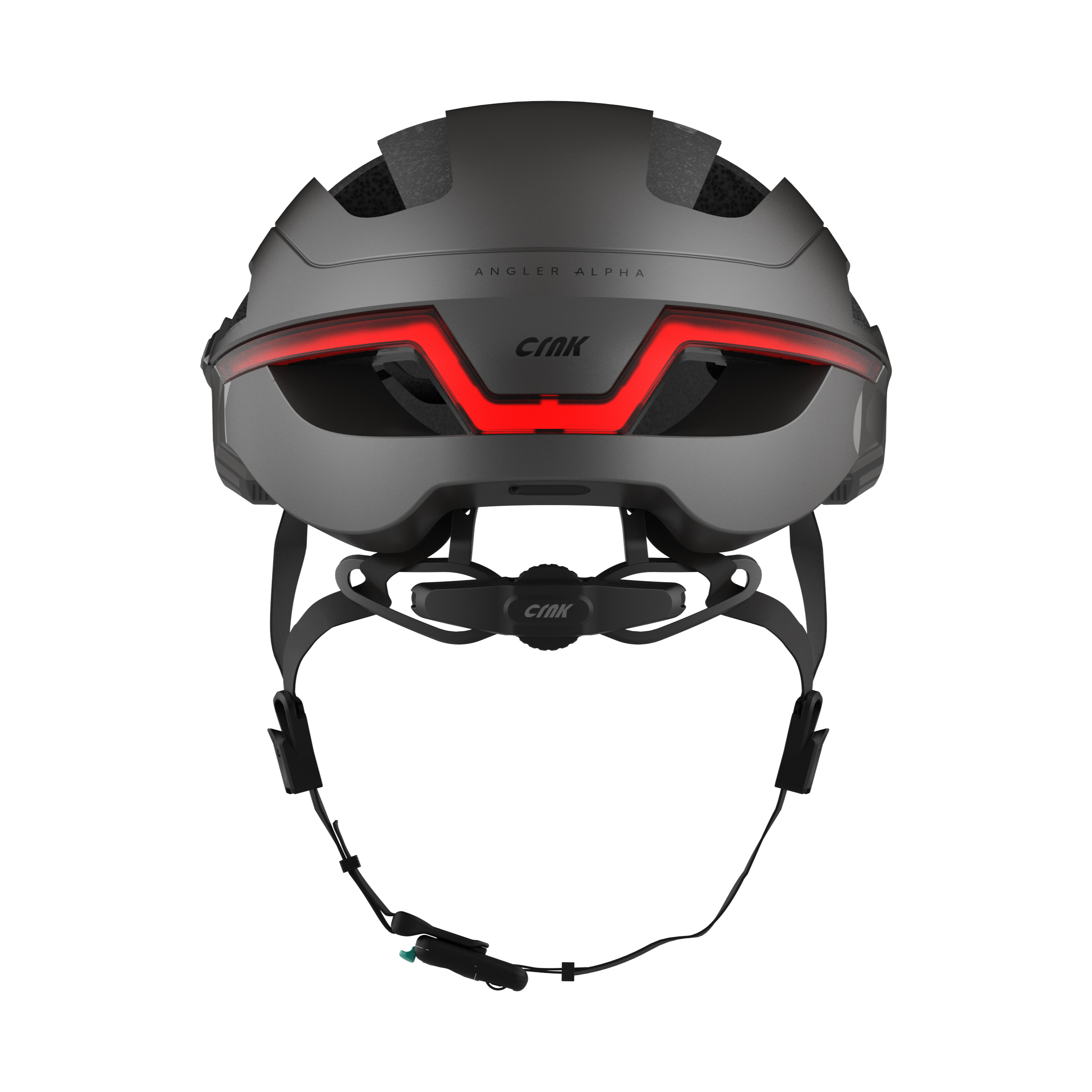 Rückansicht eines grauen Fahrradhelms mit rotem Licht und schwarzen Riemen. Angler Alpha.