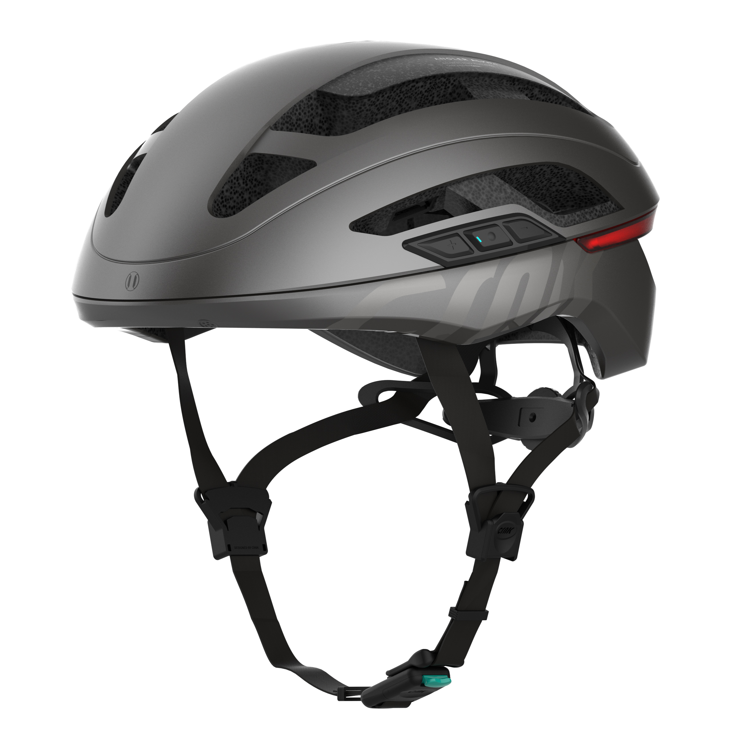 Grauer Fahrradhelm mit Riemen und Licht, Seitenansicht.