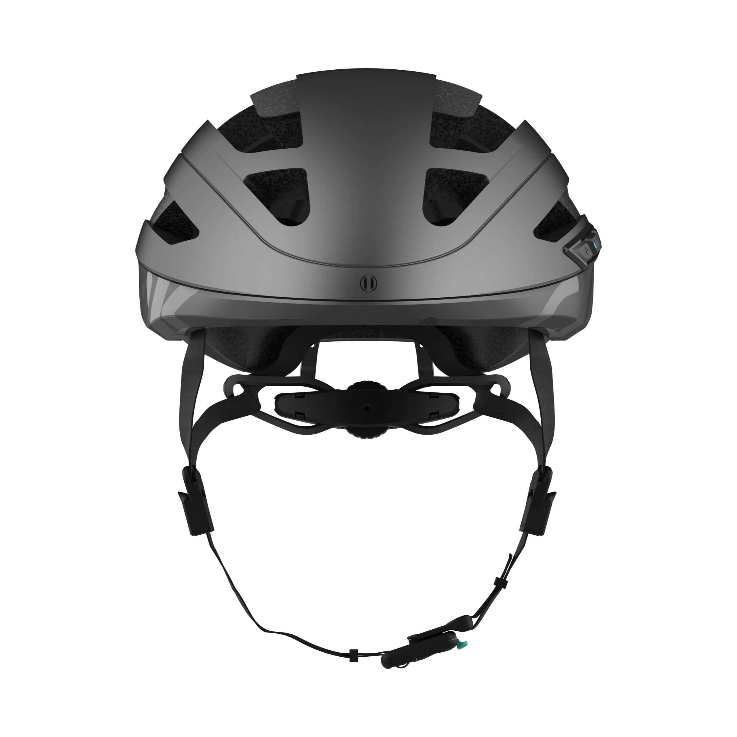 Schwarzer Fahrradhelm, Draufsicht. Zeigt Belüftungsöffnungen und verstellbare Riemen mit Licht.
