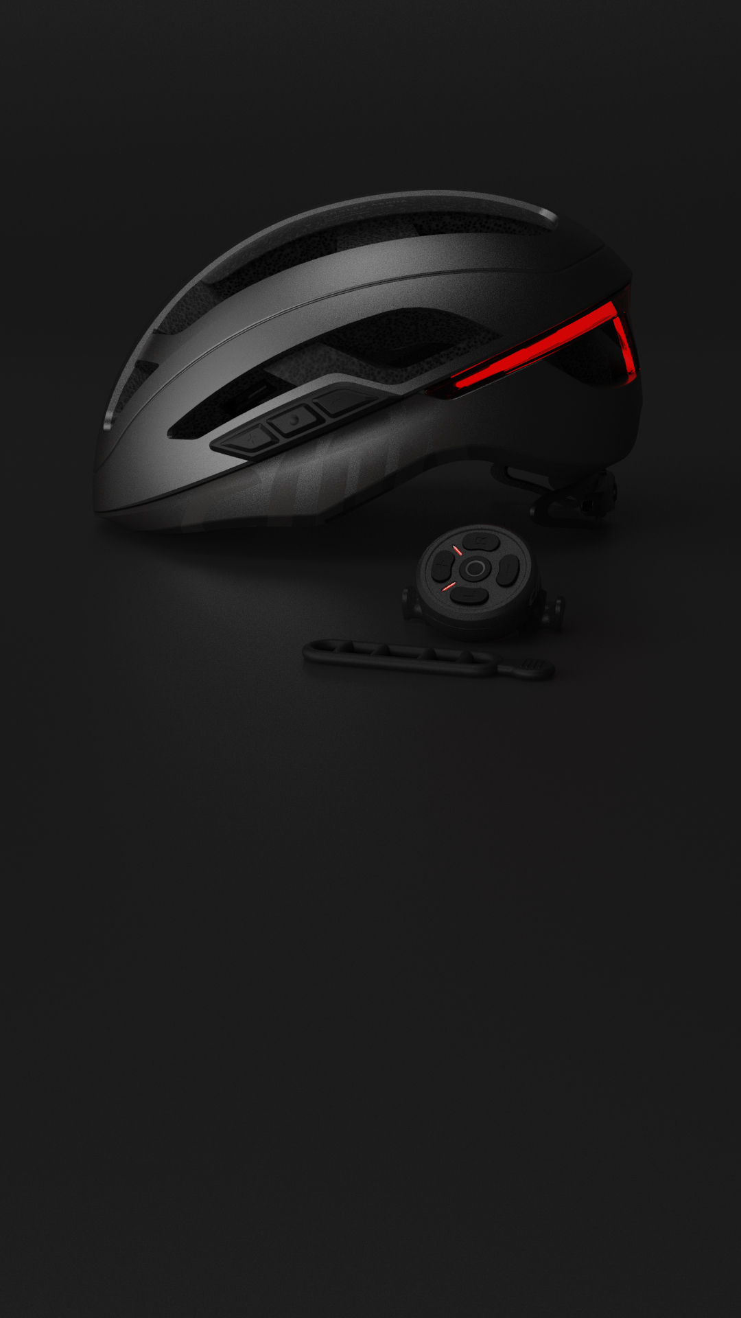 Schwarzer Fahrradhelm mit roten Lichtern und passendem Zubehör. Schwarzer Hintergrund.