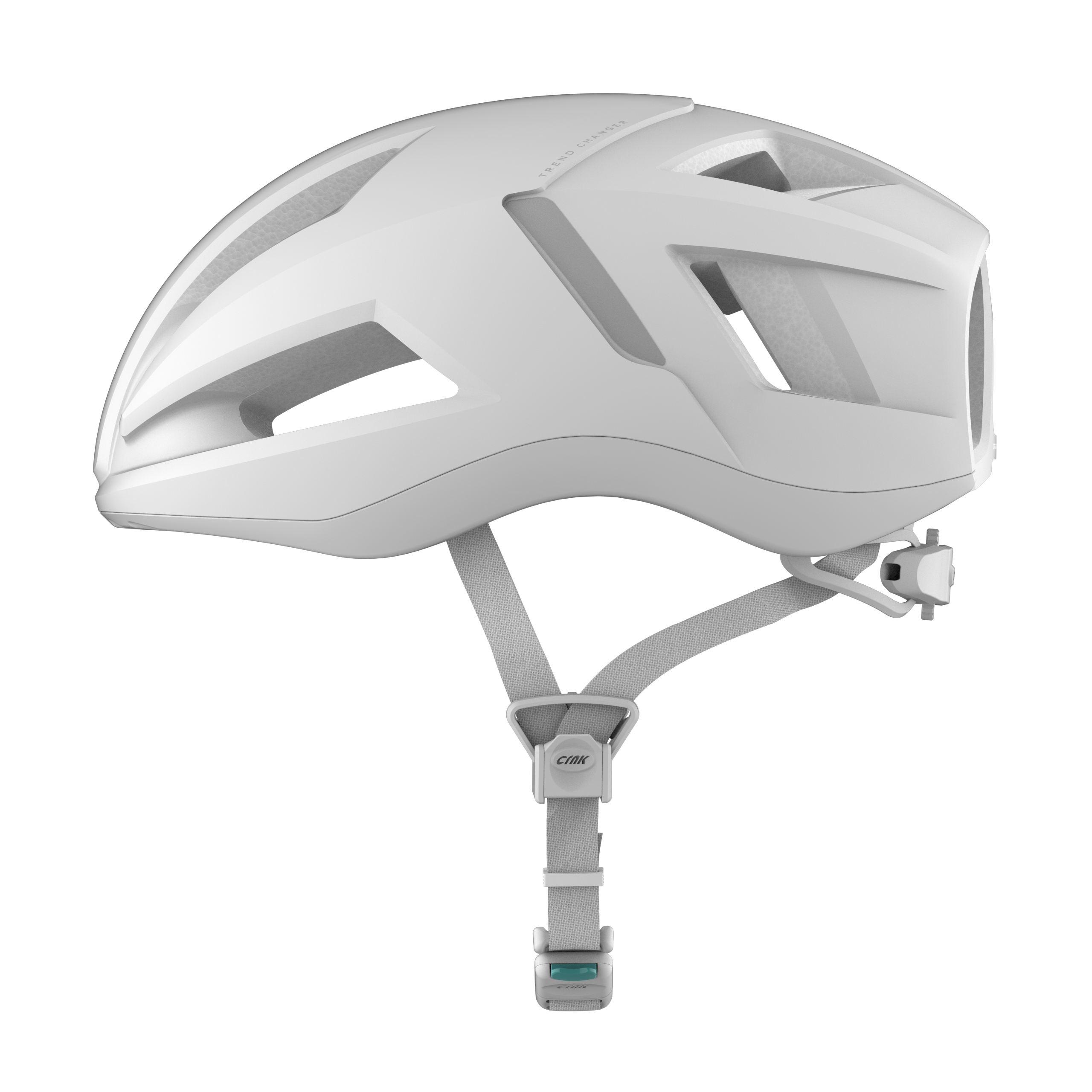 Weißer Fahrradhelm. Der Helm hat Belüftungsöffnungen und Riemen. Der Markenname ist CMYK.