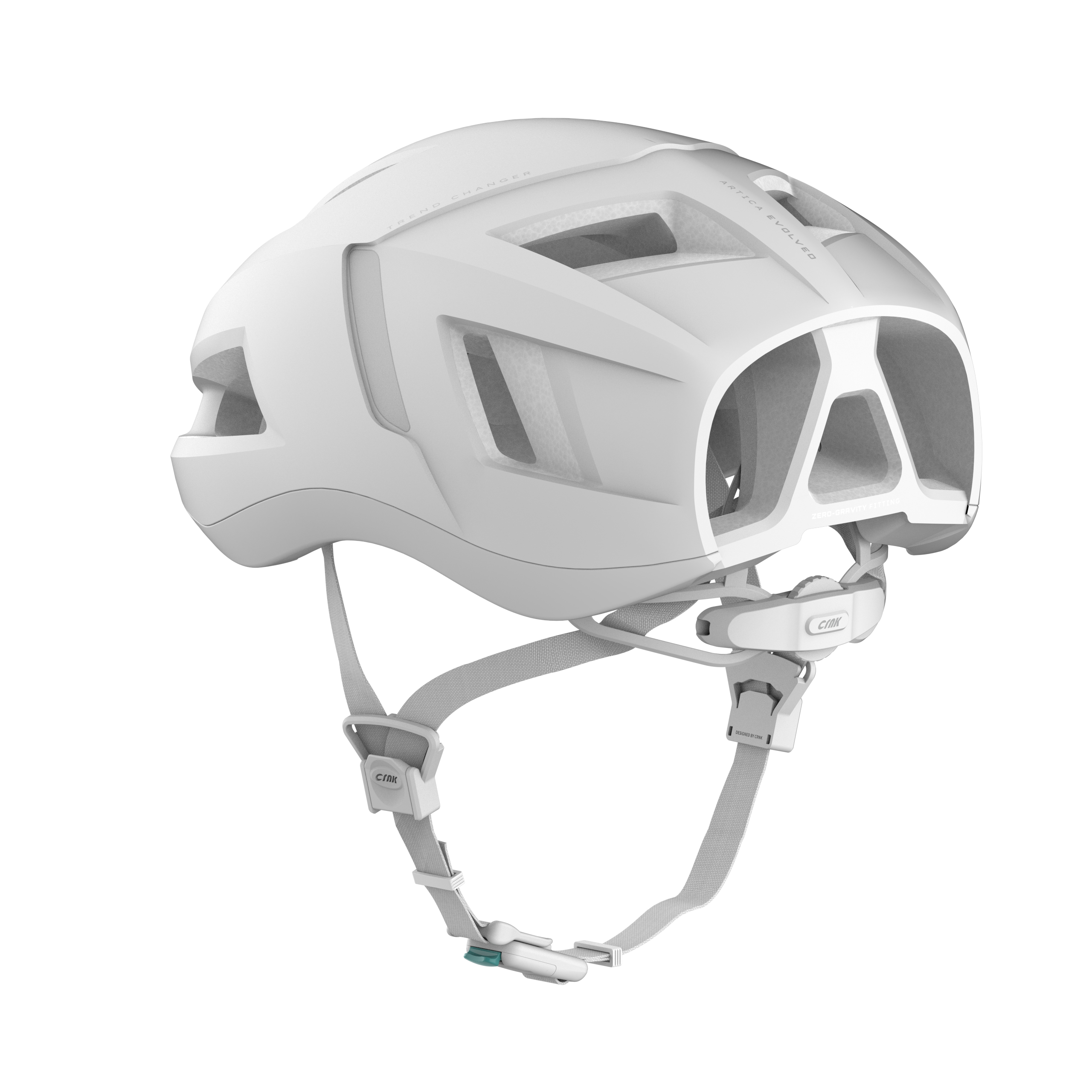 Weißer Fahrradhelm mit mehreren Belüftungsöffnungen und verstellbaren Riemen, für Sicherheit.