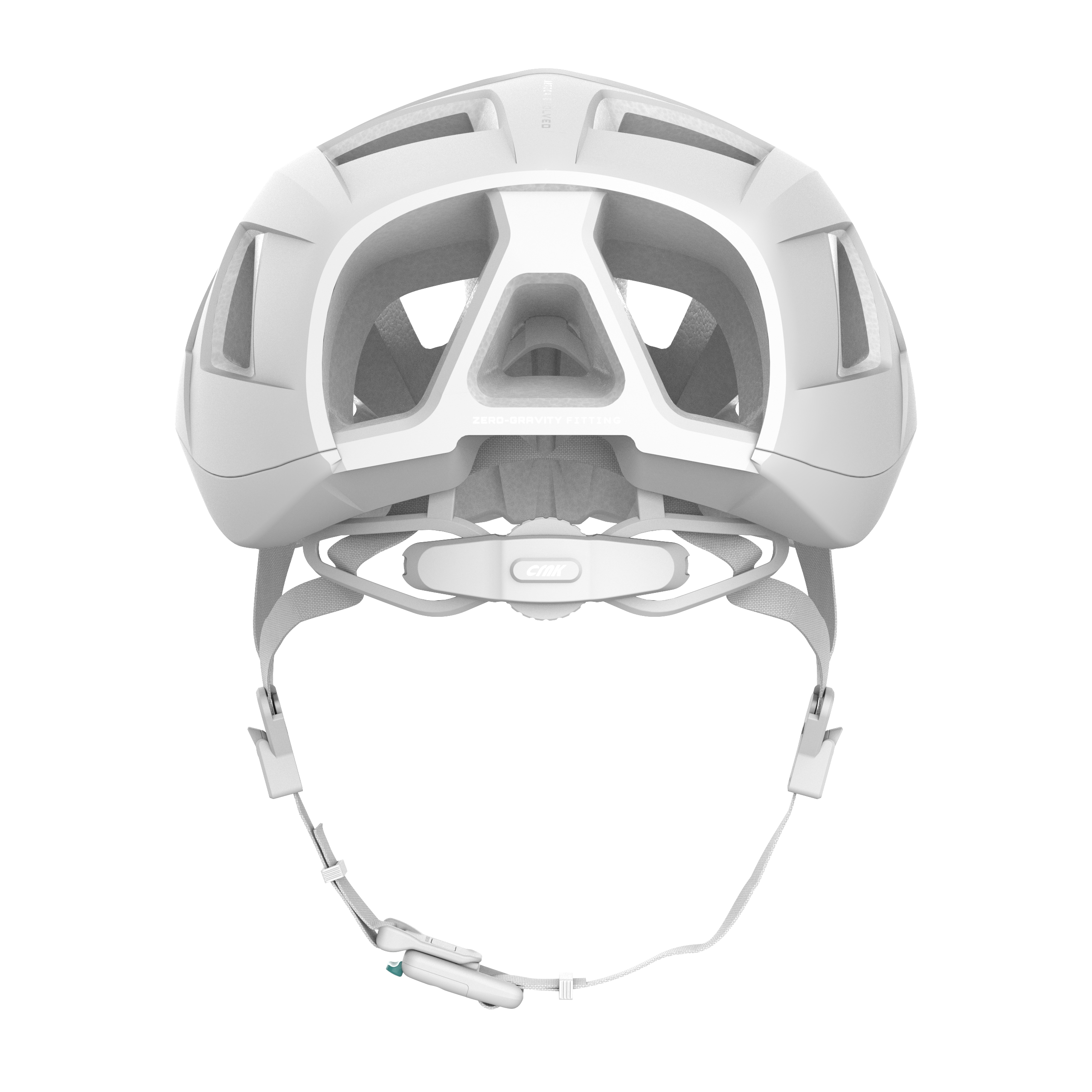 Ein weißer Fahrradhelm mit komplexem Design und Riemen, aus der Vogelperspektive aufgenommen.