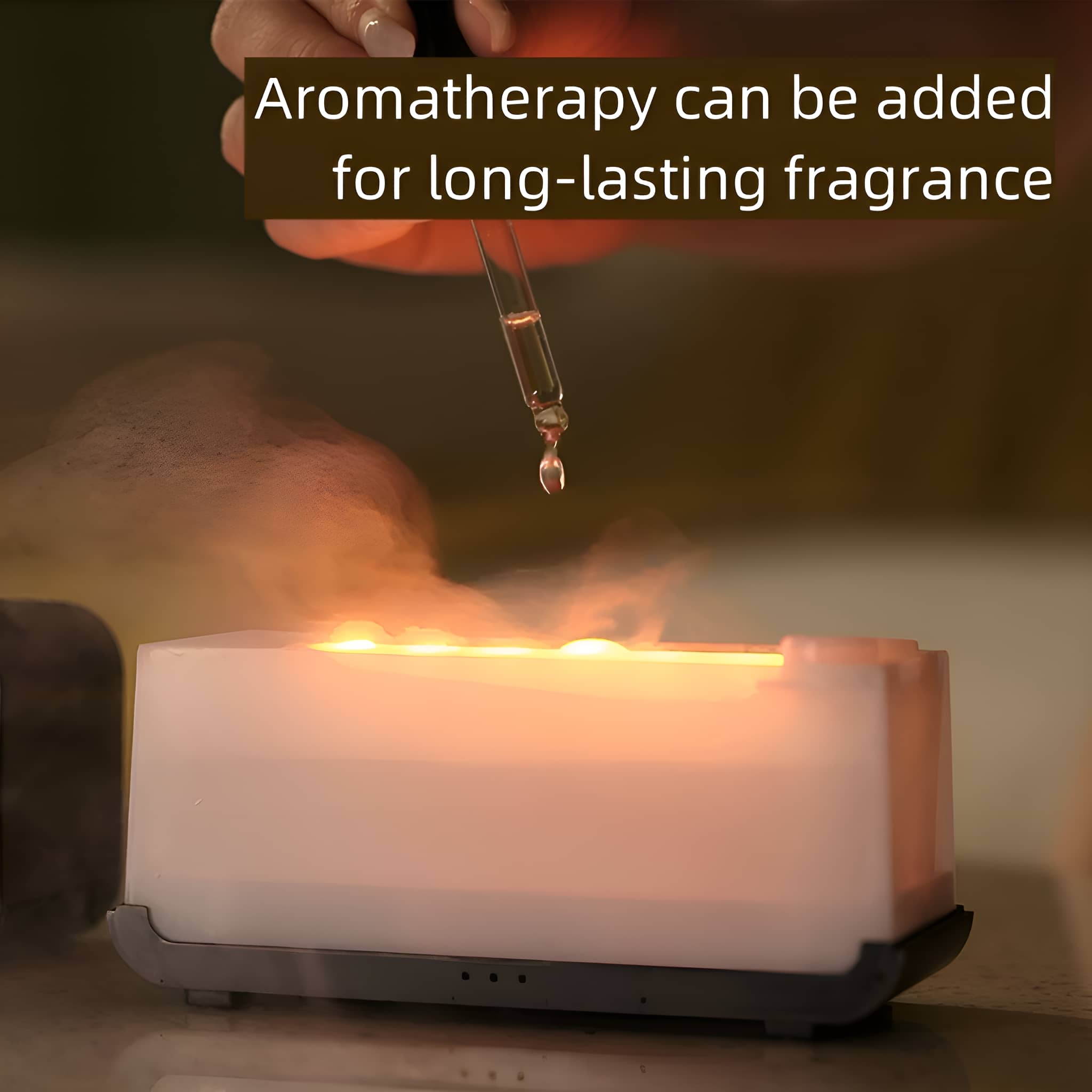 Ein Aromatherapie-Diffusor mit Tropfer und Dampf. Text: Aromatherapie kann für Duft hinzugefügt werden.