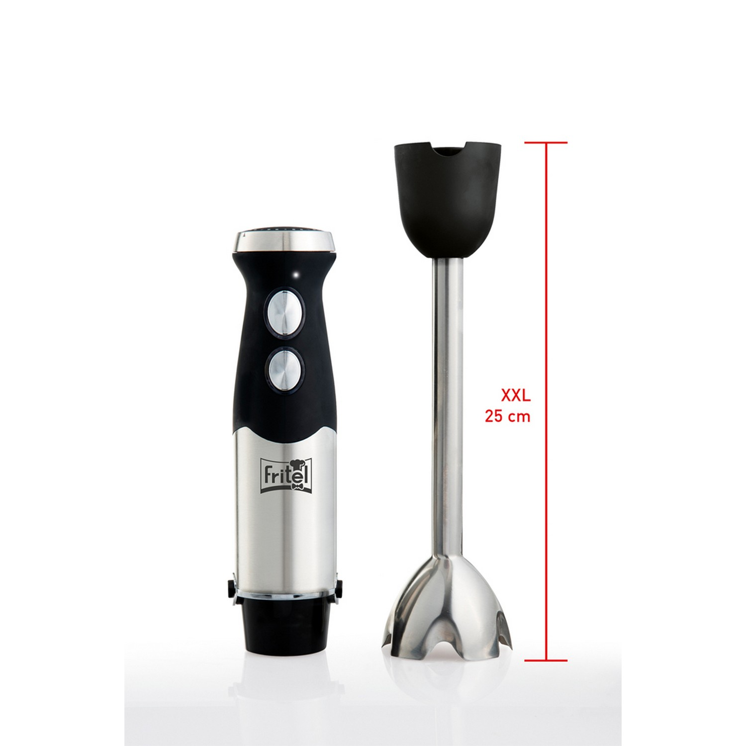 Frullatore a immersione con due parti. Acciaio inossidabile e nero, con misura di 25 cm.