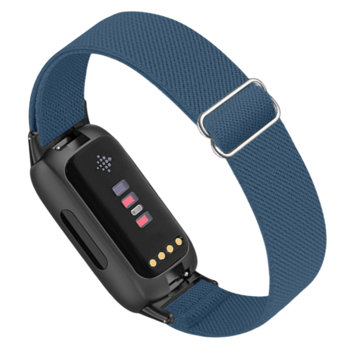 Ein schwarzes und blaues Smartwatch-Armband mit einem Zifferblatt, das Zeit und Aktivität anzeigt.