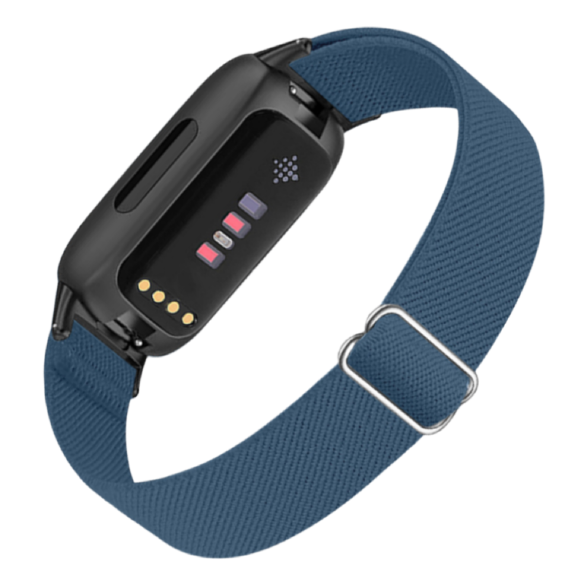 Blaue Smartwatch mit schwarzem Bildschirm und blauem Armband mit silberner Schnalle.