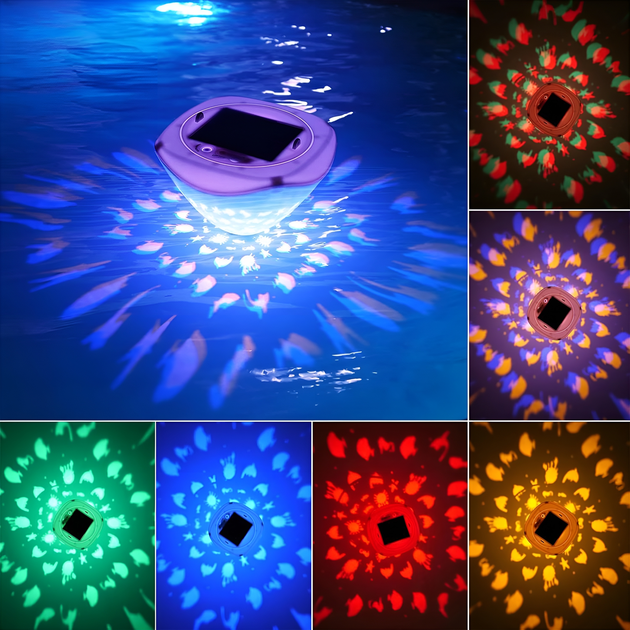 Schwimmendes Poollicht mit mehreren Farboptionen. Verschiedene Lichtmuster im Wasser. Sechs kleine Bilder rechts.