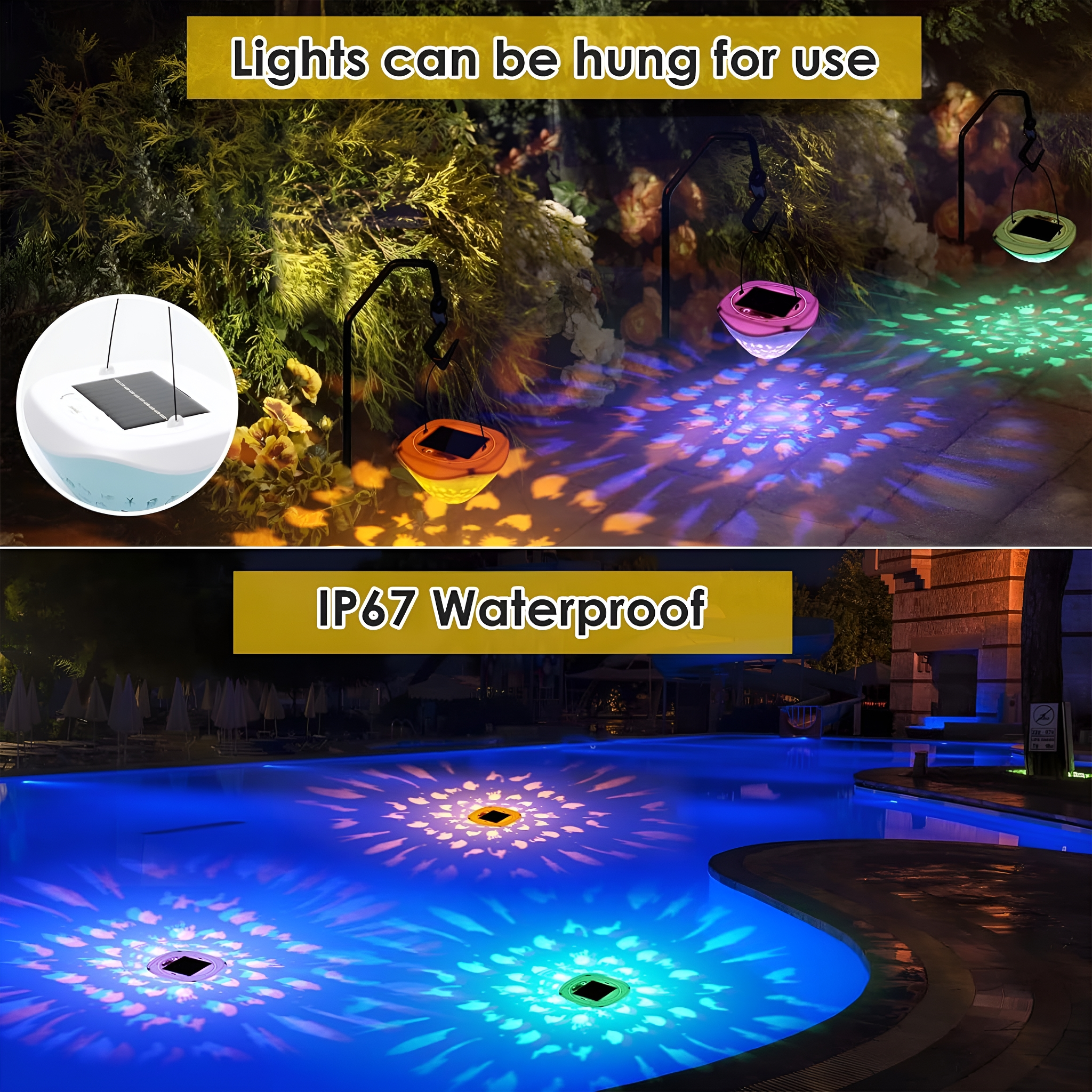 Solarleuchten im Freien, über einem Pool hängend, die farbenfrohes Licht aussenden.