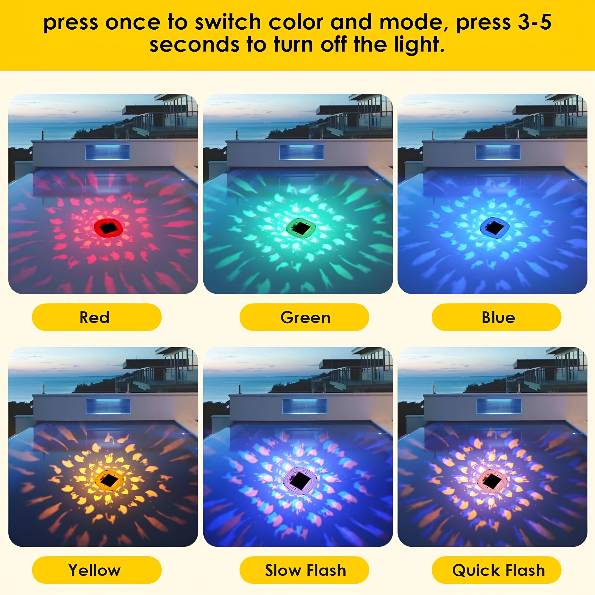 Sechs Bilder eines Pools mit farbigen Lichtern: rot, grün, blau, gelb, langsames Blinken und schnelles Blinken.