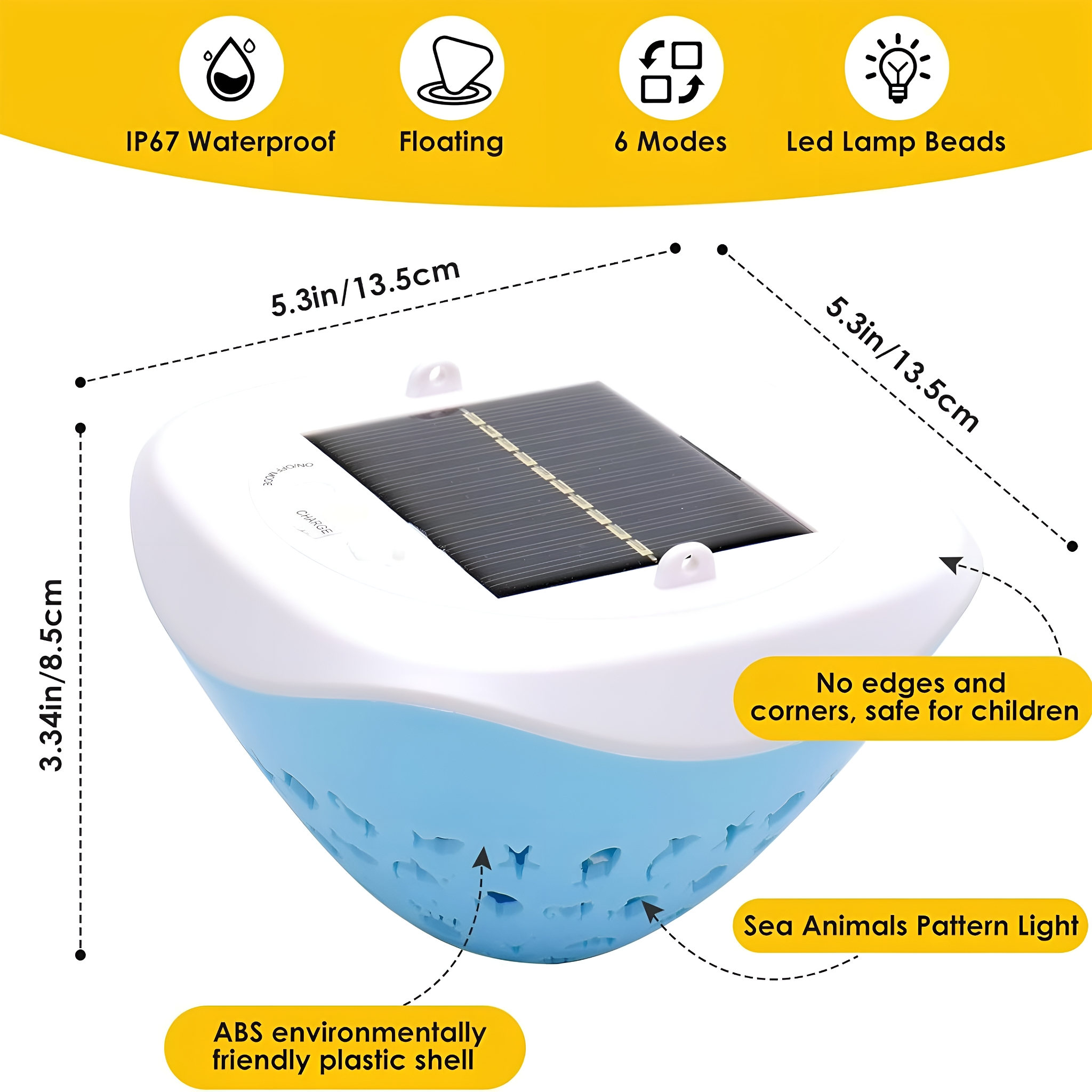Ein blau-weißes schwimmendes Poollicht mit Solarpanel oben. Es hat Abmessungen und beschriftete Funktionen.