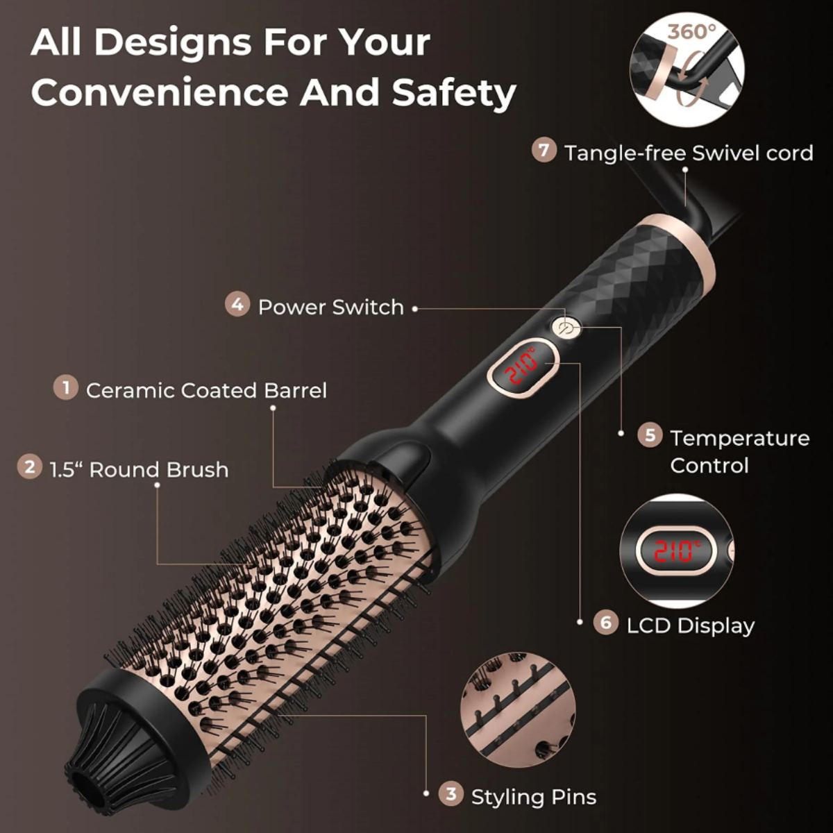 Schwarzes und goldenes Haarstyling-Tool mit Rundbürste und LCD-Display.