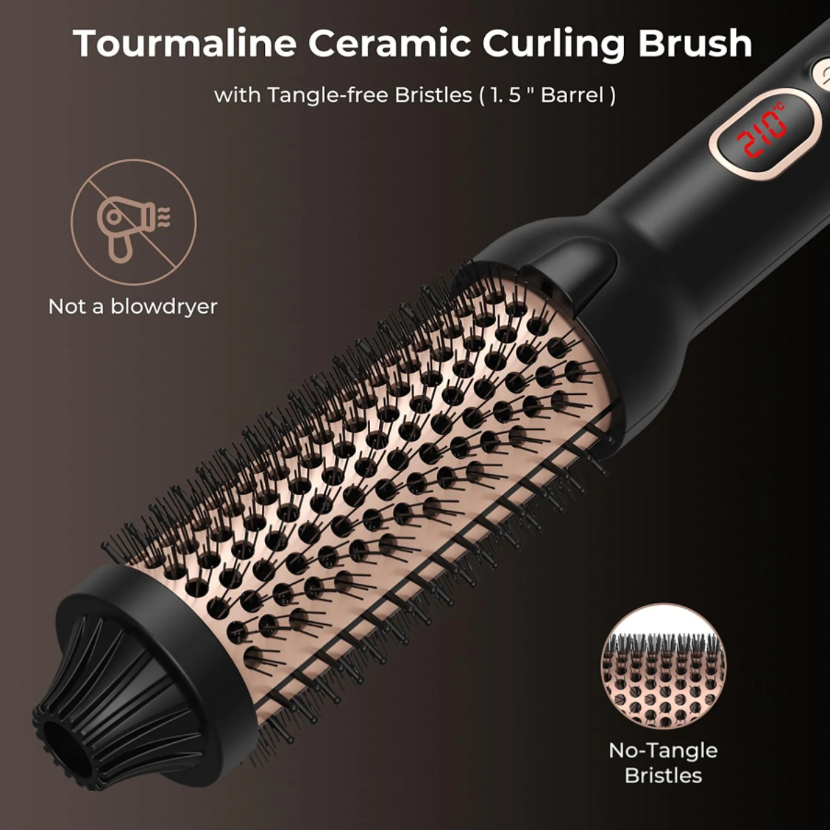 Schwarze und roségoldfarbene Lockenstab. Text: 'No-Tangle Bristles' und Temperatur.