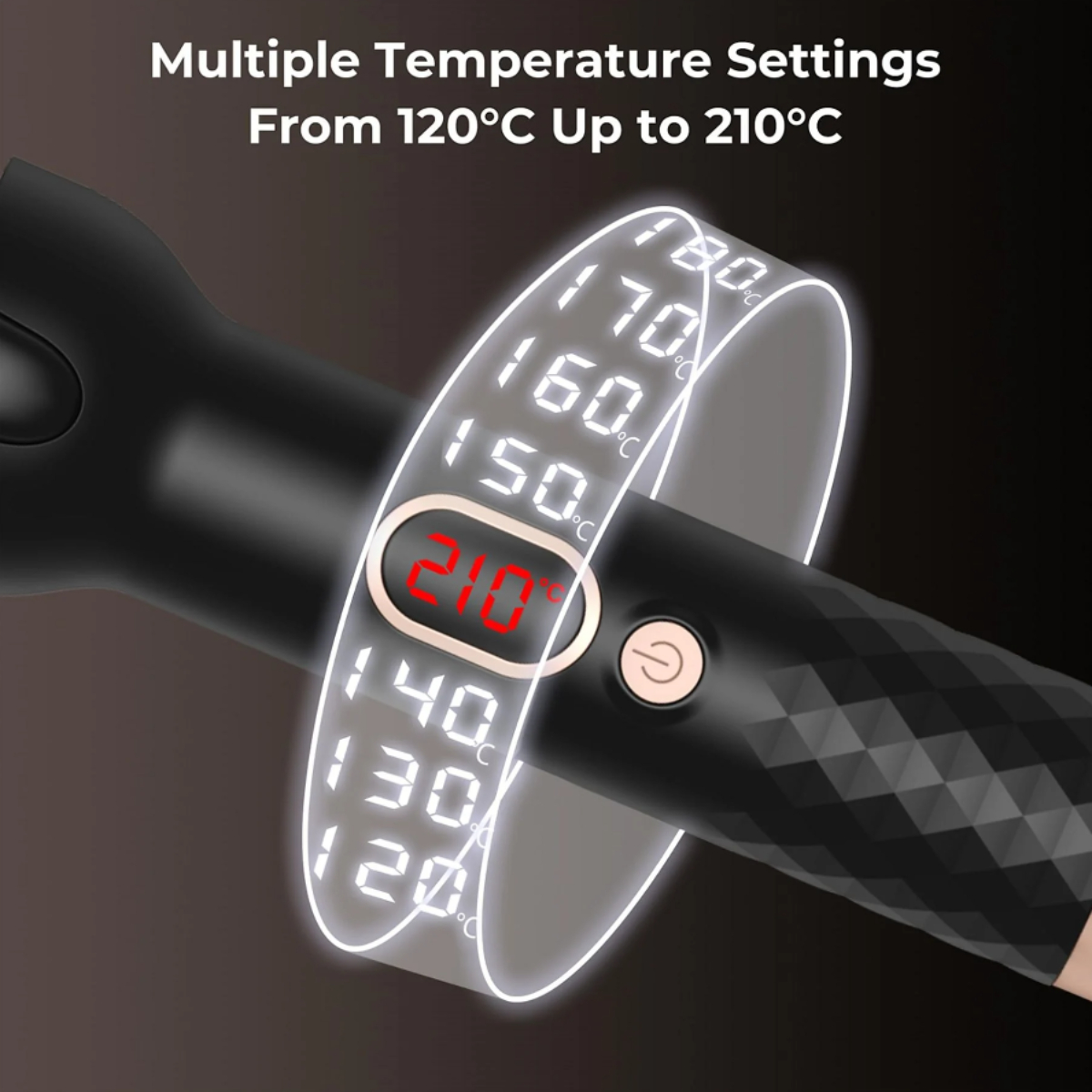 Schwarzer Lockenstab mit Temperaturanzeige. Zeigt verschiedene Temperatureinstellungen bis zu 210°C.