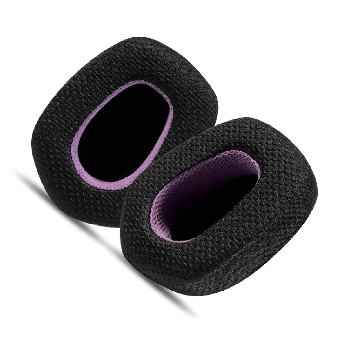 Due cuscinetti auricolari neri con interno viola, presentati su sfondo bianco.