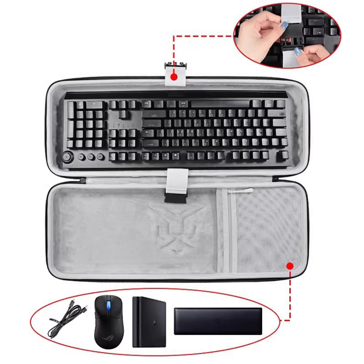 Czarna klawiatura w etui z akcesoriami. Dołączona mysz, dysk twardy i podpórka nadgarstka.