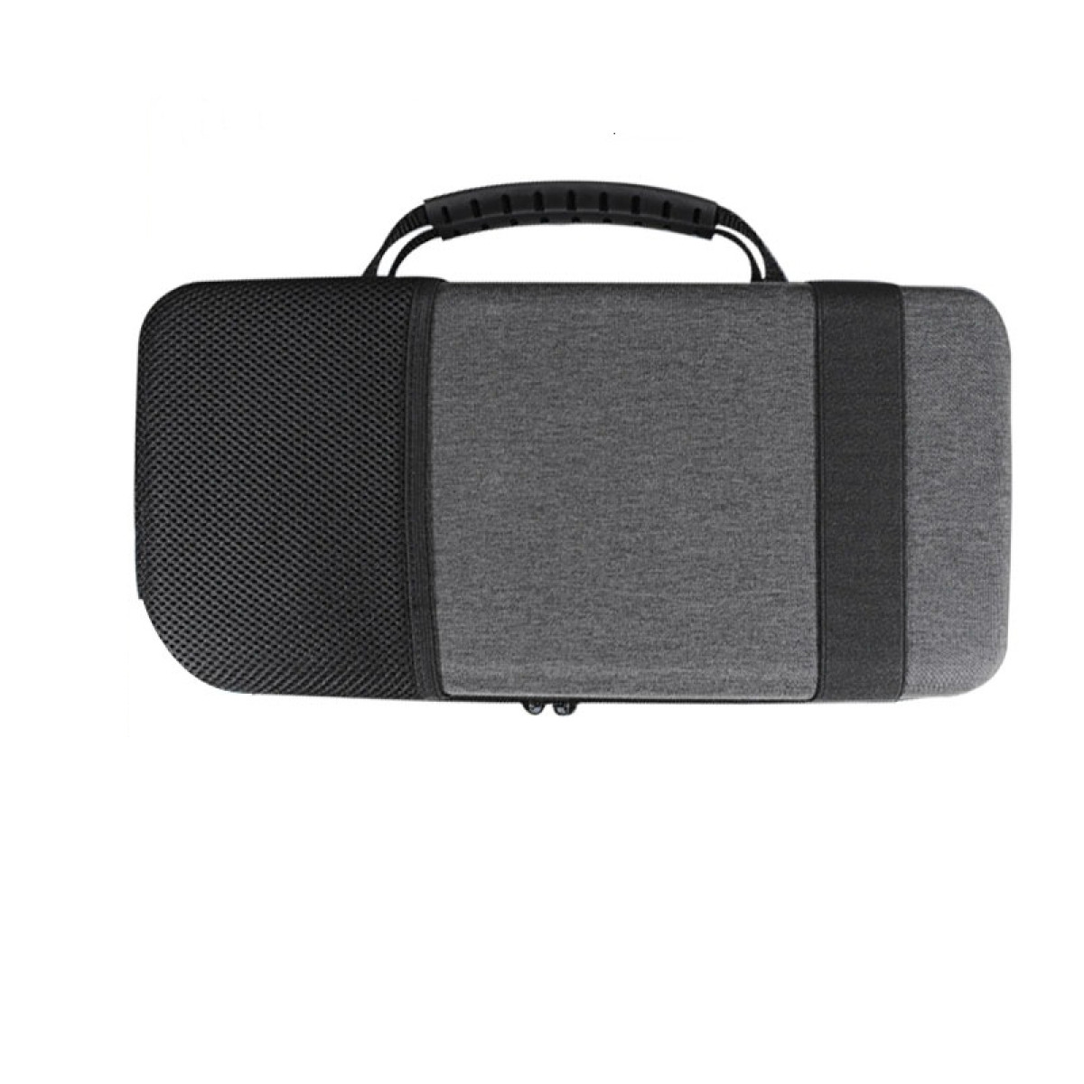 Szara, prostokątna walizka z czarnym uchwytem i boczną siatką. To torba transportowa.