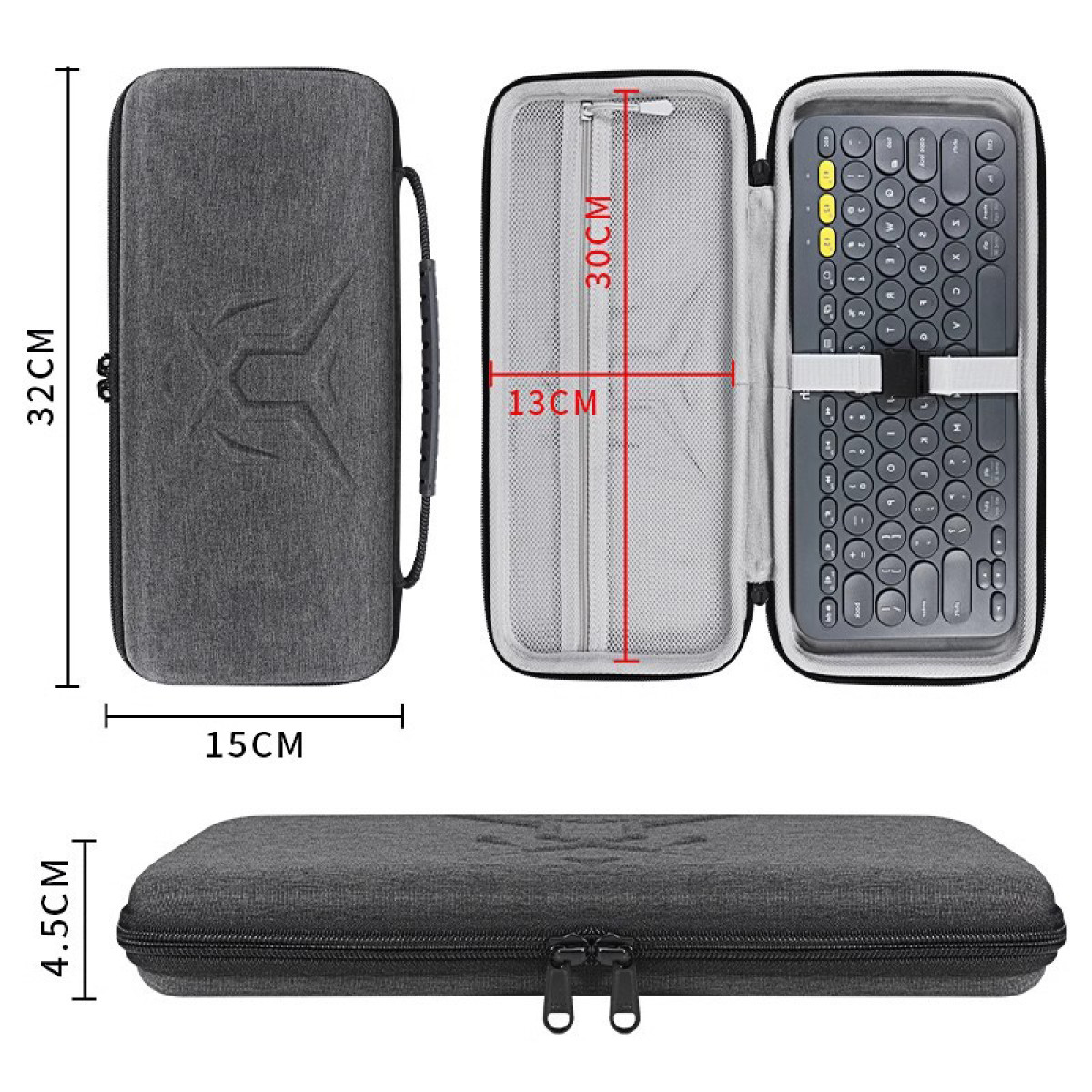 Szare etui z klawiaturą w środku, zamknięte i otwarte. Wymiary pokazano na etui.